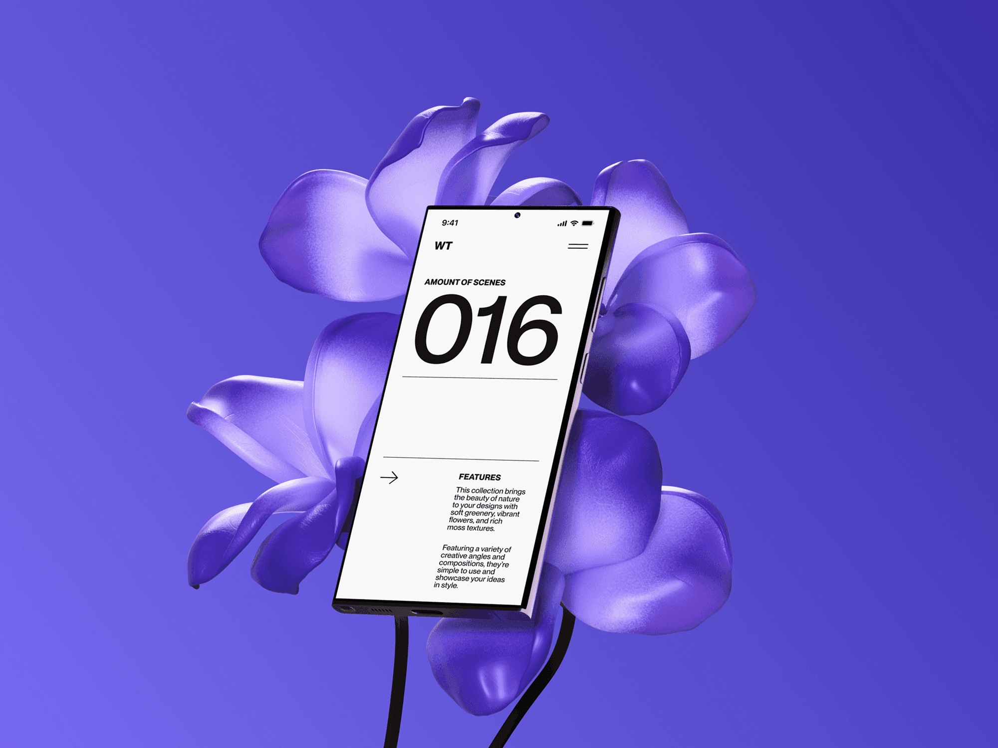 Galaxy S24 mockup nestled in vibrant purple flowers.