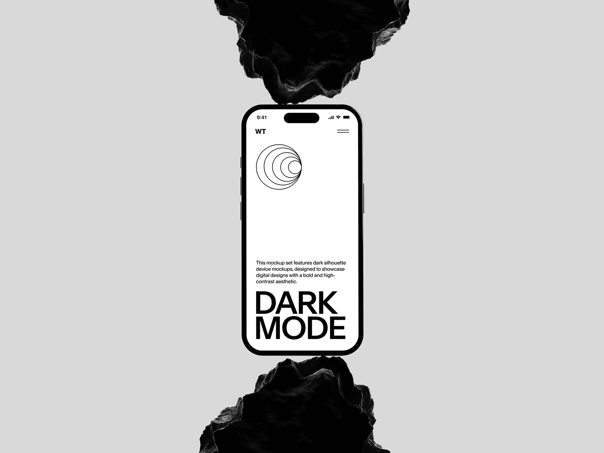Floating smartphone mockup between dark rocks.