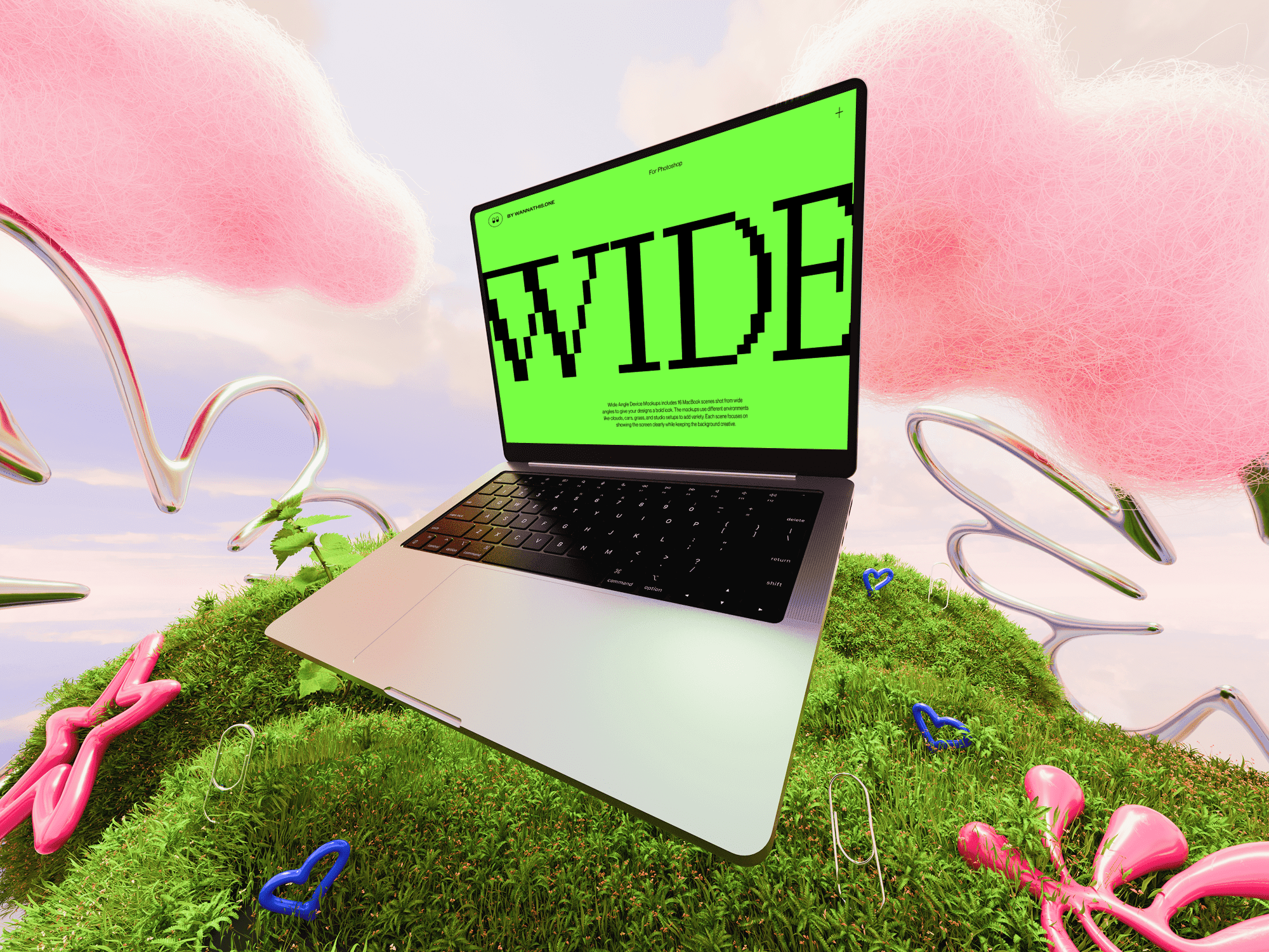 MacBook mockup on grassy hill with floating shapes and green WIDE text