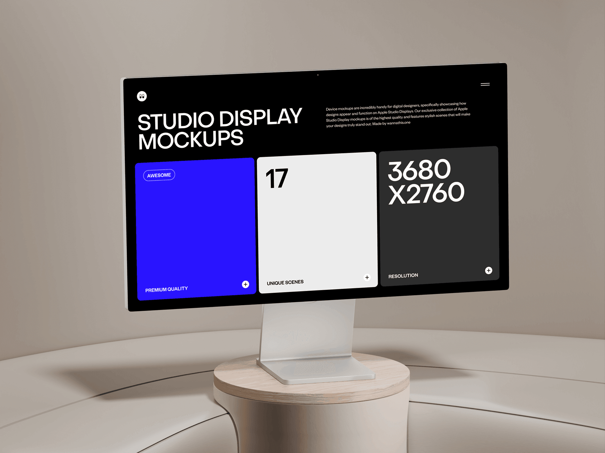 A studio display mockup set on a stylish wooden table with a neutral background