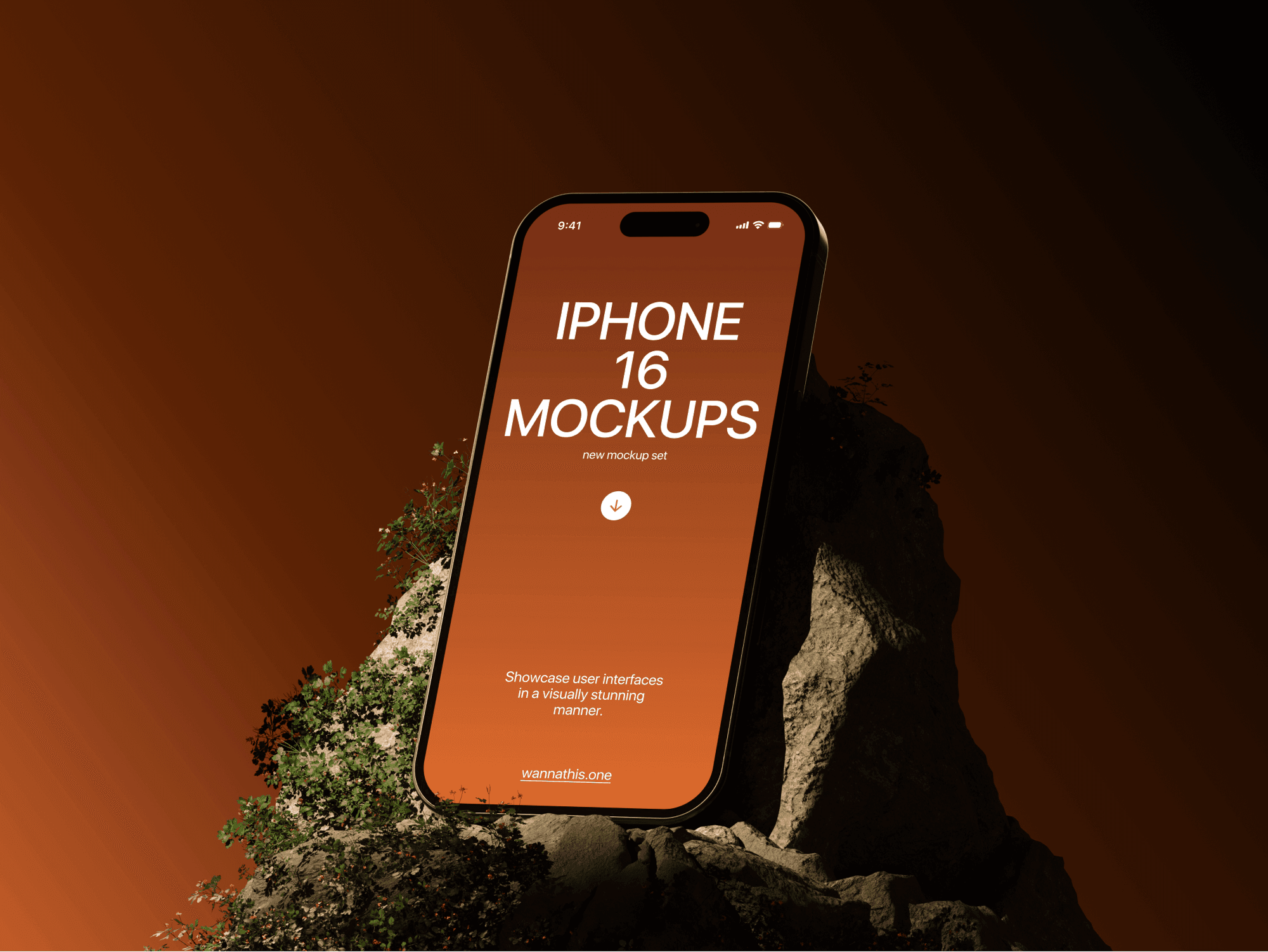 iPhone 16 Pro mockup standing on a rocky surface outdoors