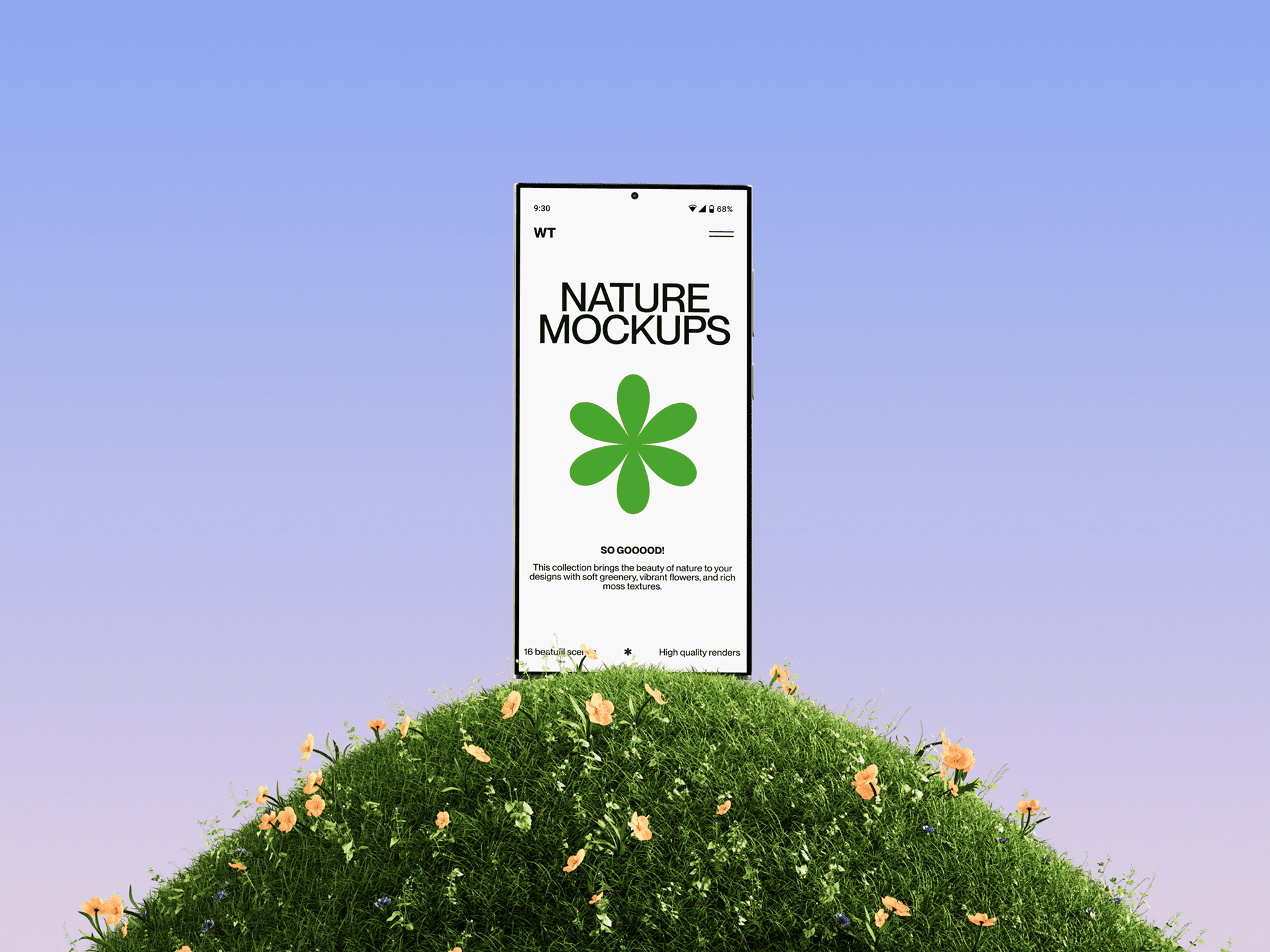 Galaxy S24 mockup floating above a grassy hill with flowers.