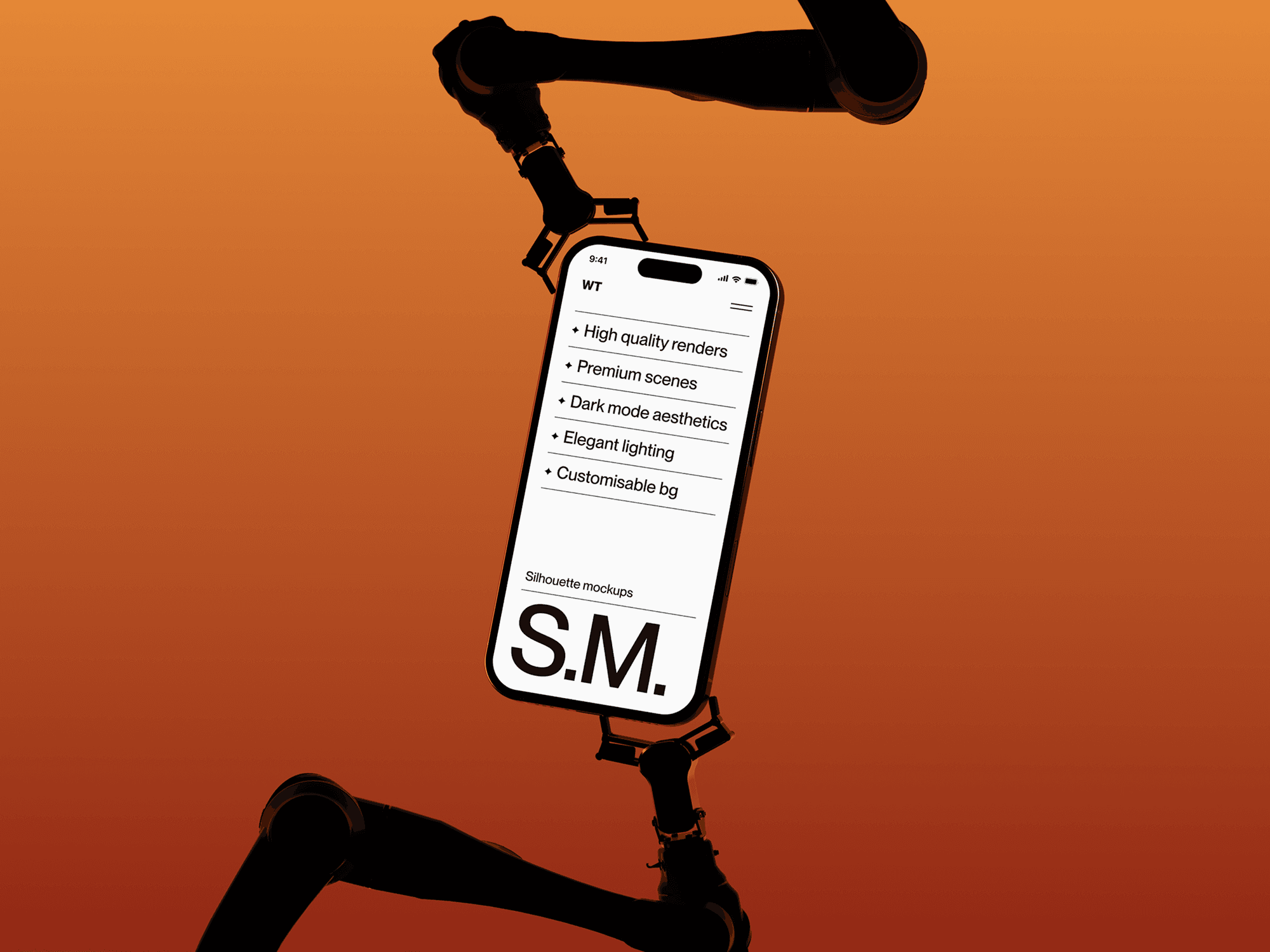 Smartphone mockup held by robotic arms.