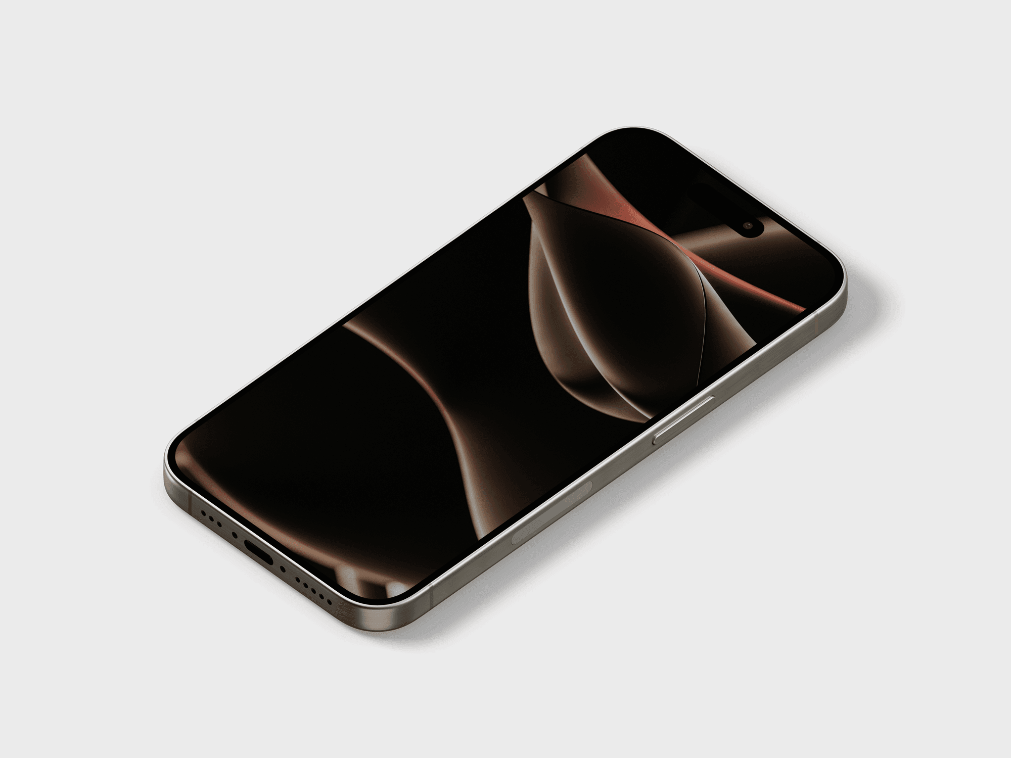 iPhone 15 Pro in a horizontal orientation displaying a minimalistic wallpaper.