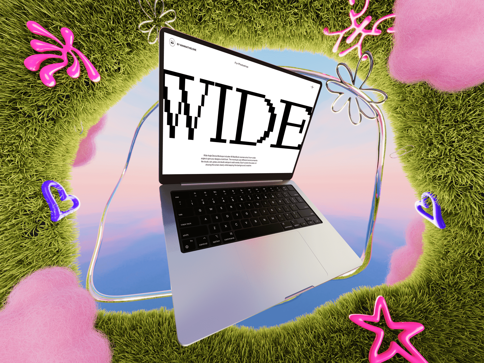 MacBook mockup framed in grassy floral mirror with WIDE text