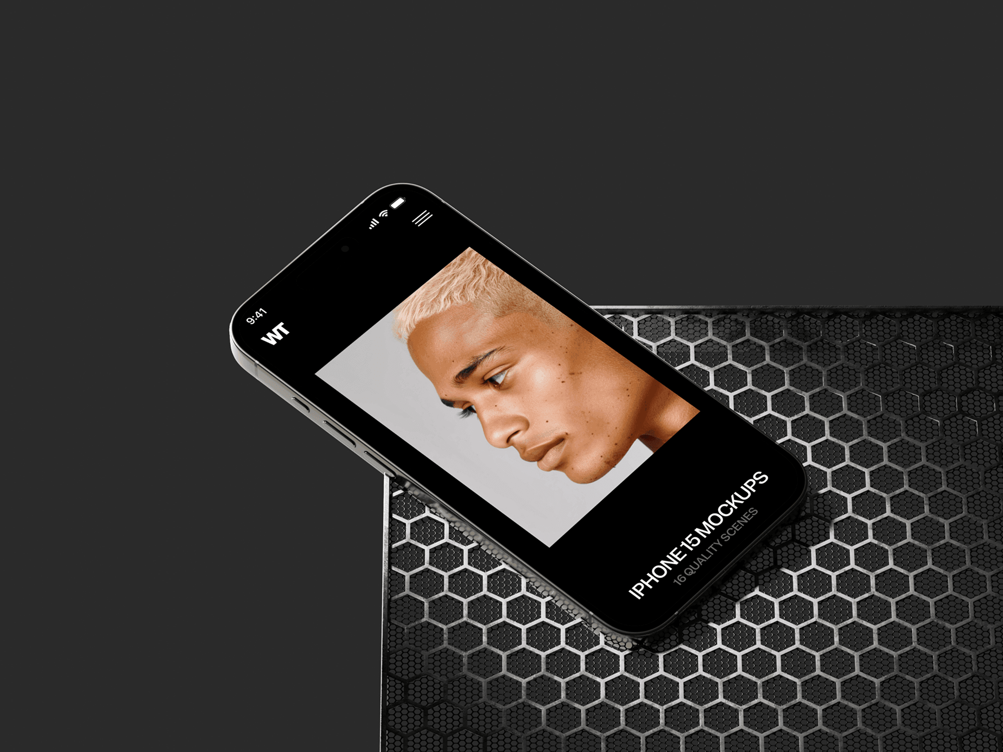 iPhone 15 Pro mockup with a dark honeycomb metallic grid