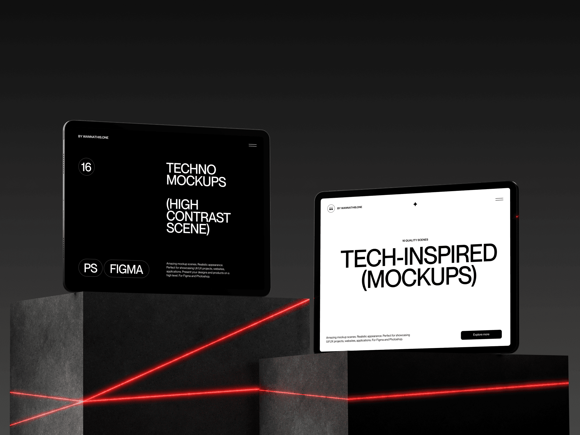 Tablet mockups displayed on modern concrete podiums with red laser accents