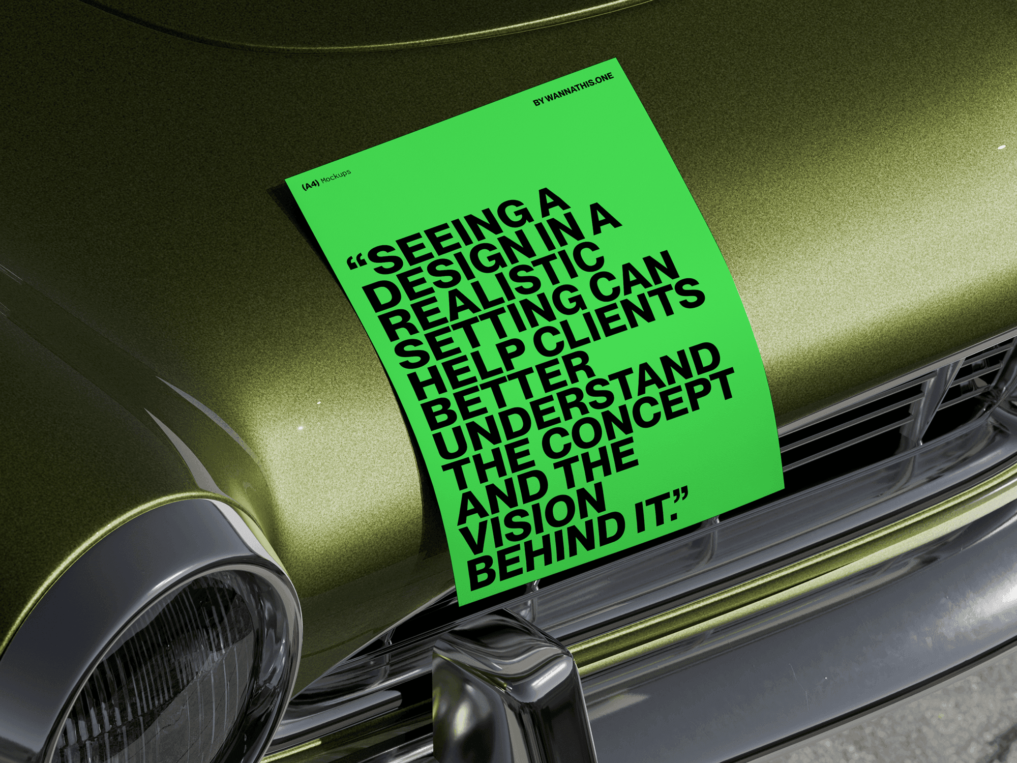 A neon green A4 poster mockup placed on the hood of a vintage metallic green car, reflecting light.