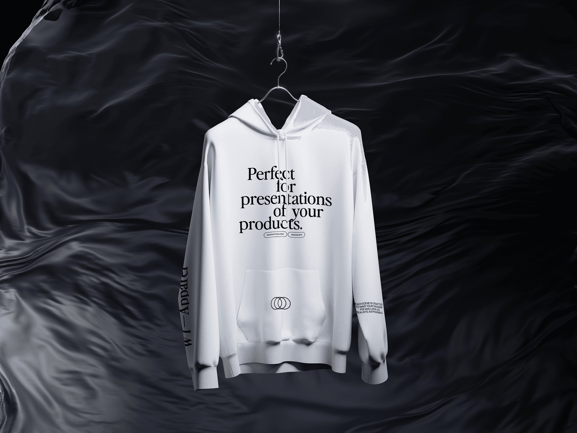 A white hoodie mockup hanging in front of a flowing black liquid fabric backdrop.