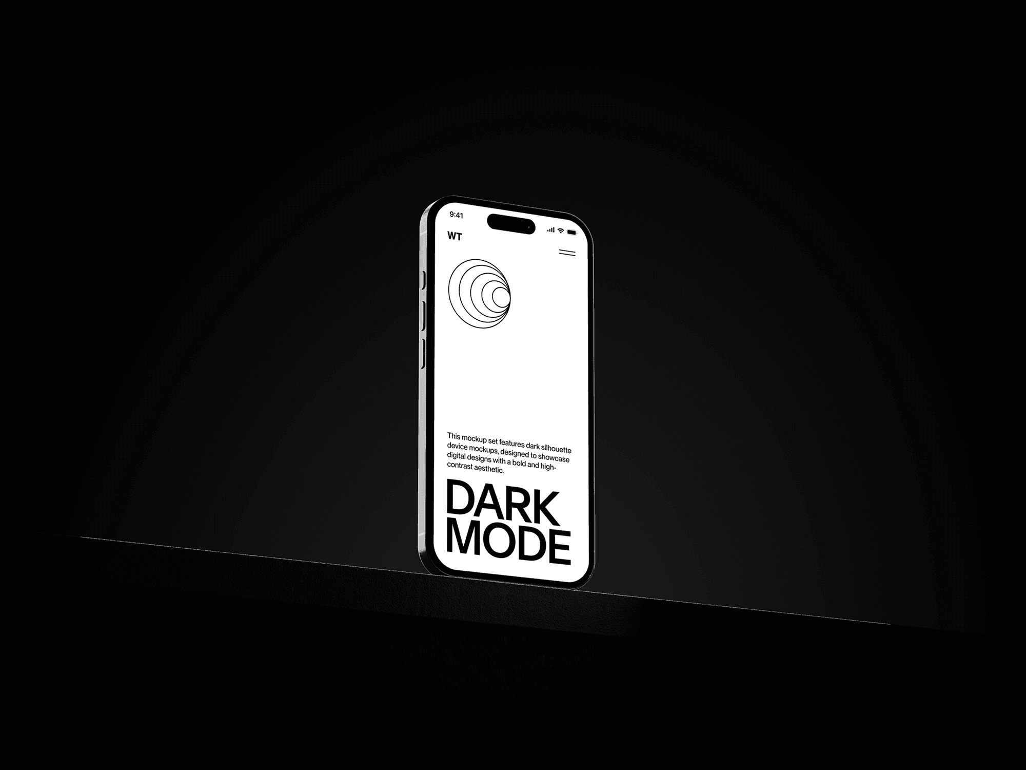 Dark mode smartphone mockup standing on a sleek black surface.