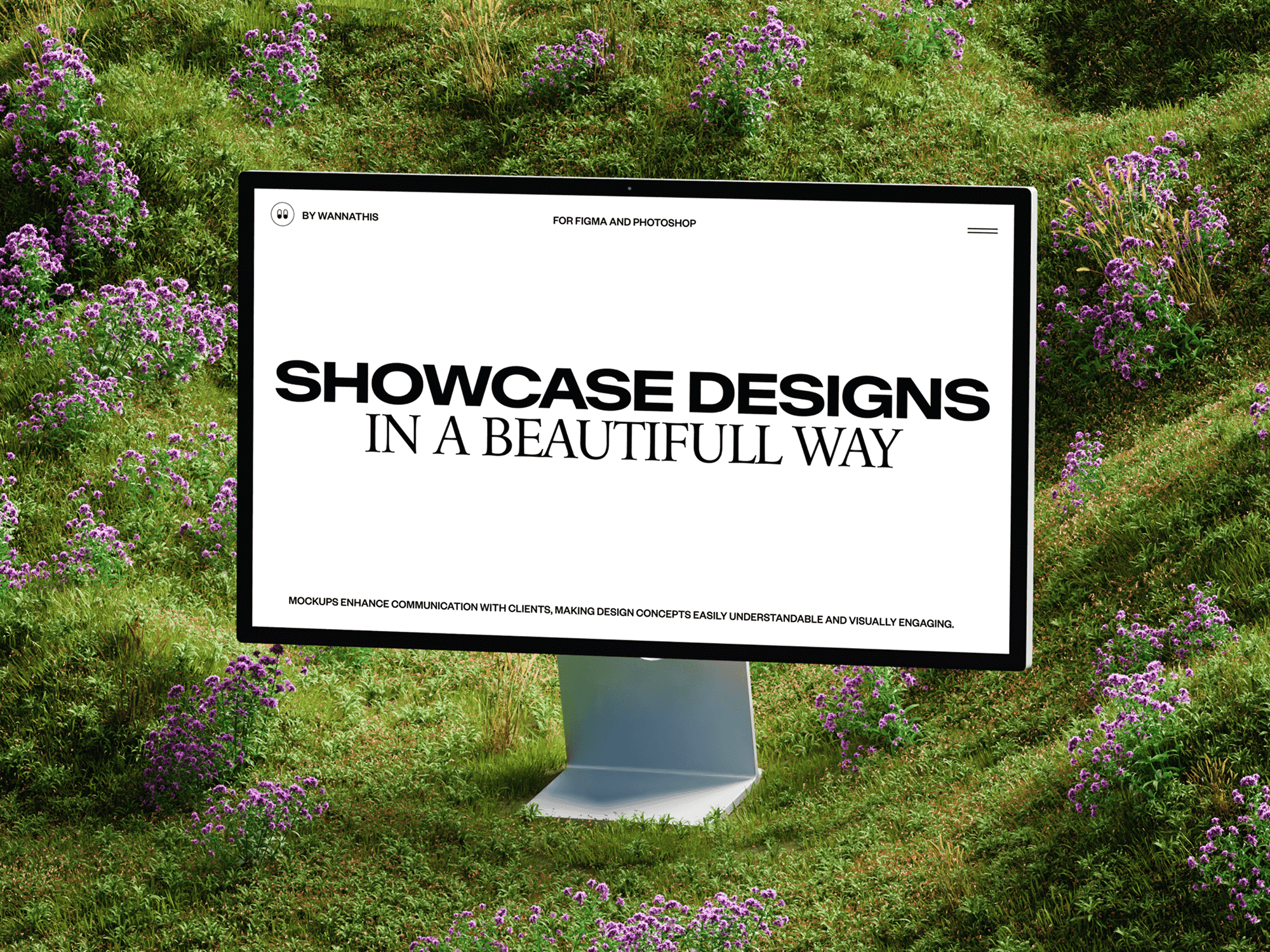 Studio display mockup set in a green outdoor setting with blooming flowers