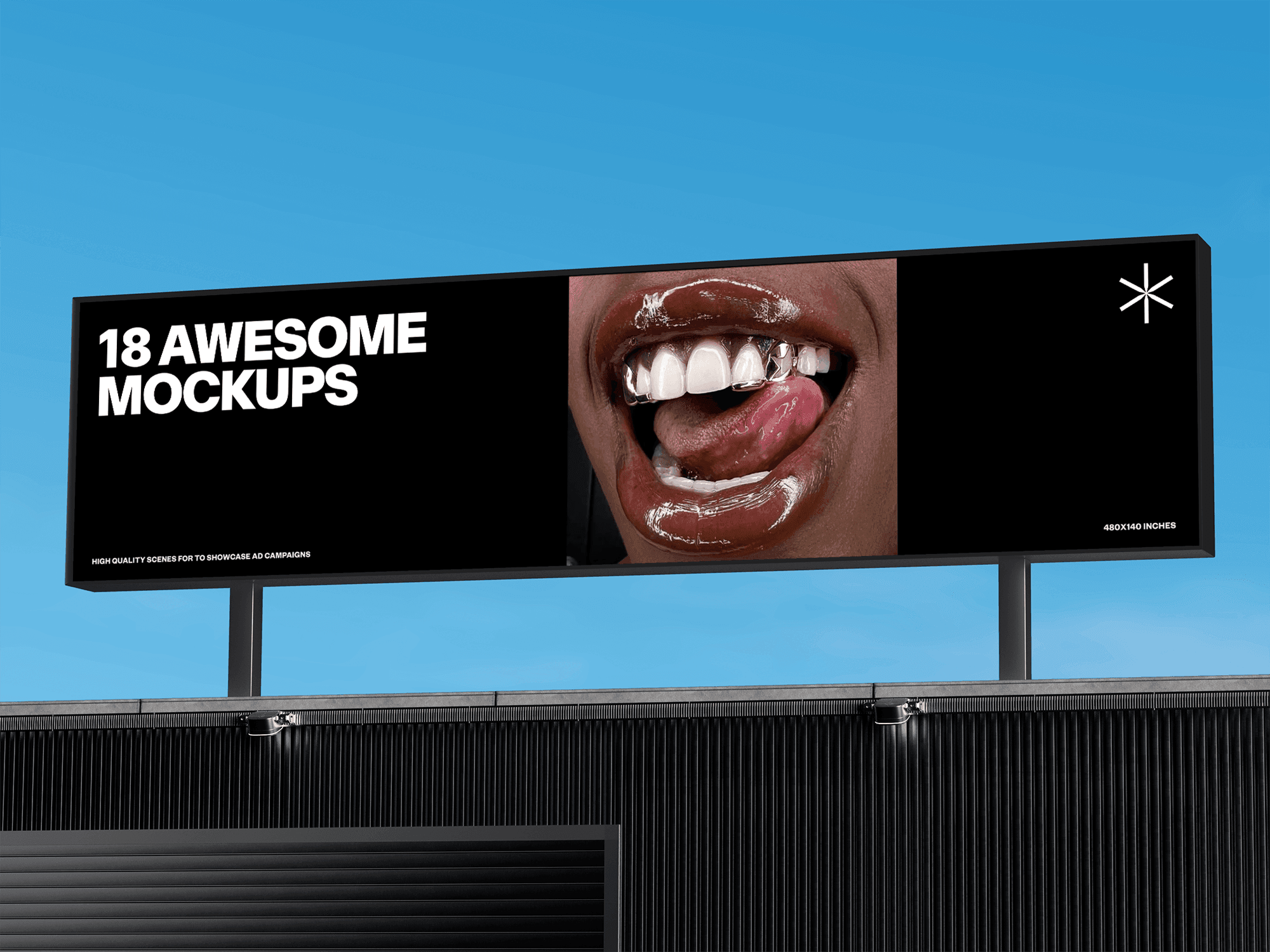Outdoor wall-mounted billboard mockup in a bright and minimalistic space.