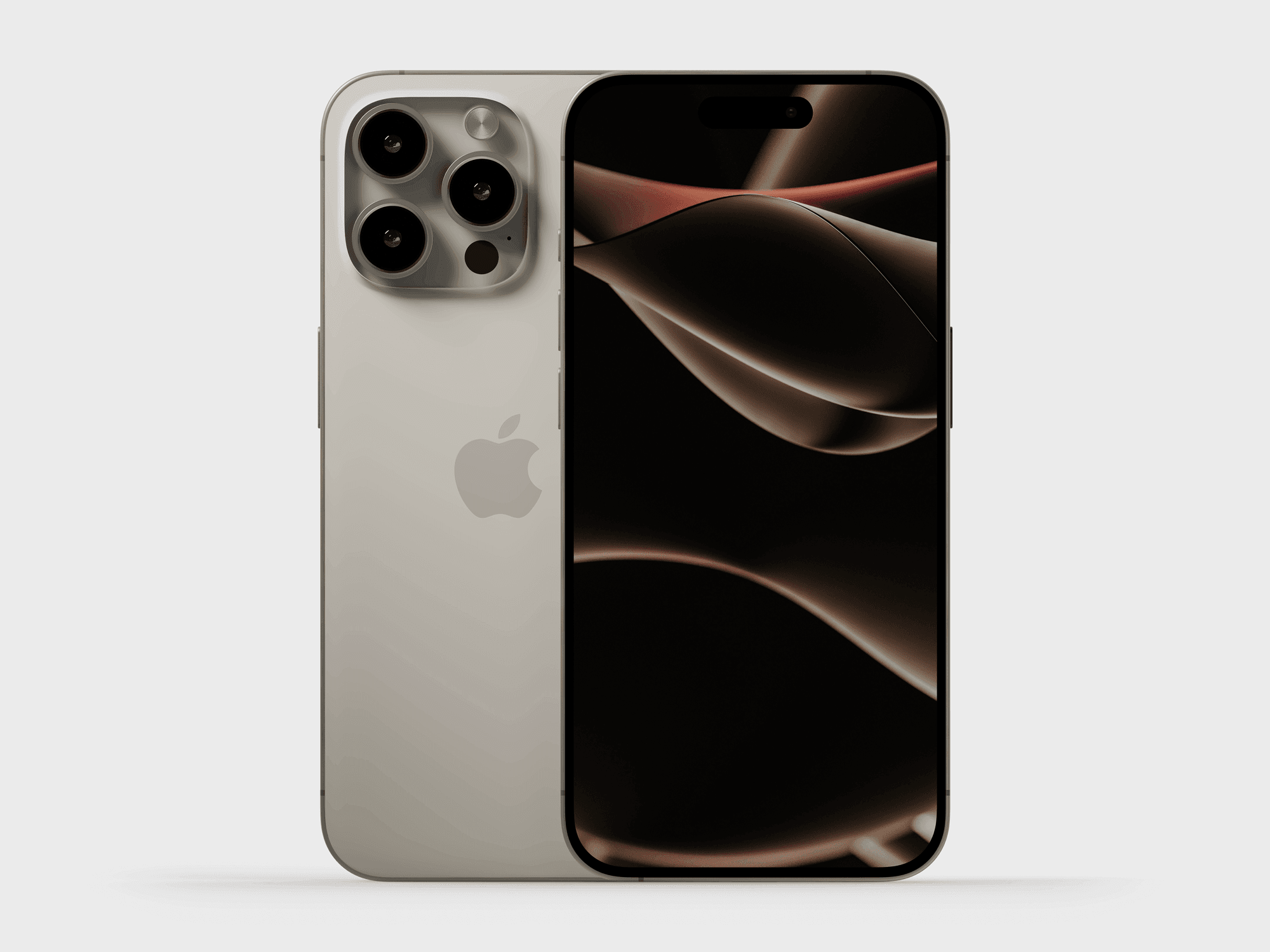 A stacked view of two iPhone 15 Pro devices showing the front and back