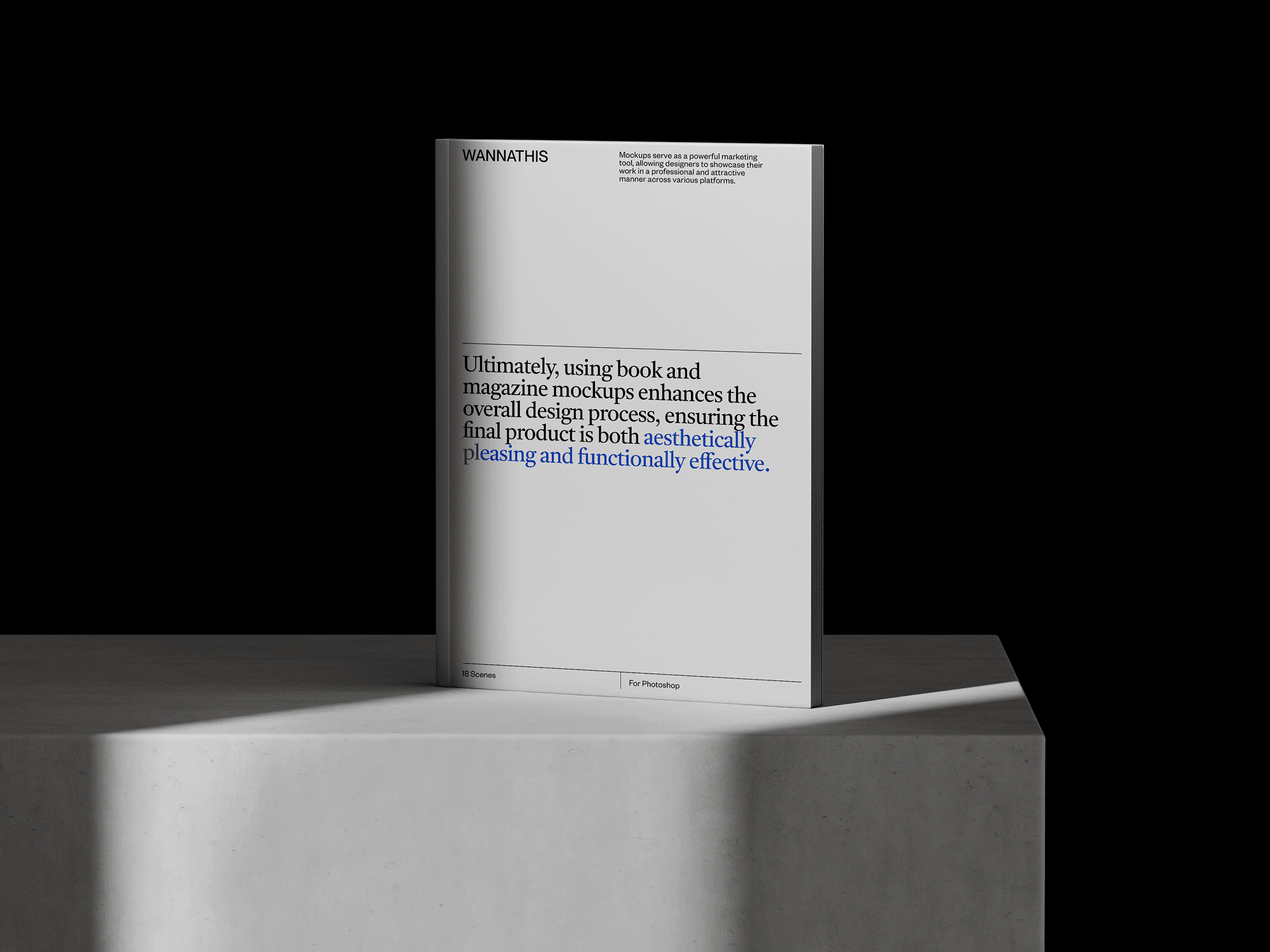 A vertical book mockup with a minimalist design placed on a modern pedestal