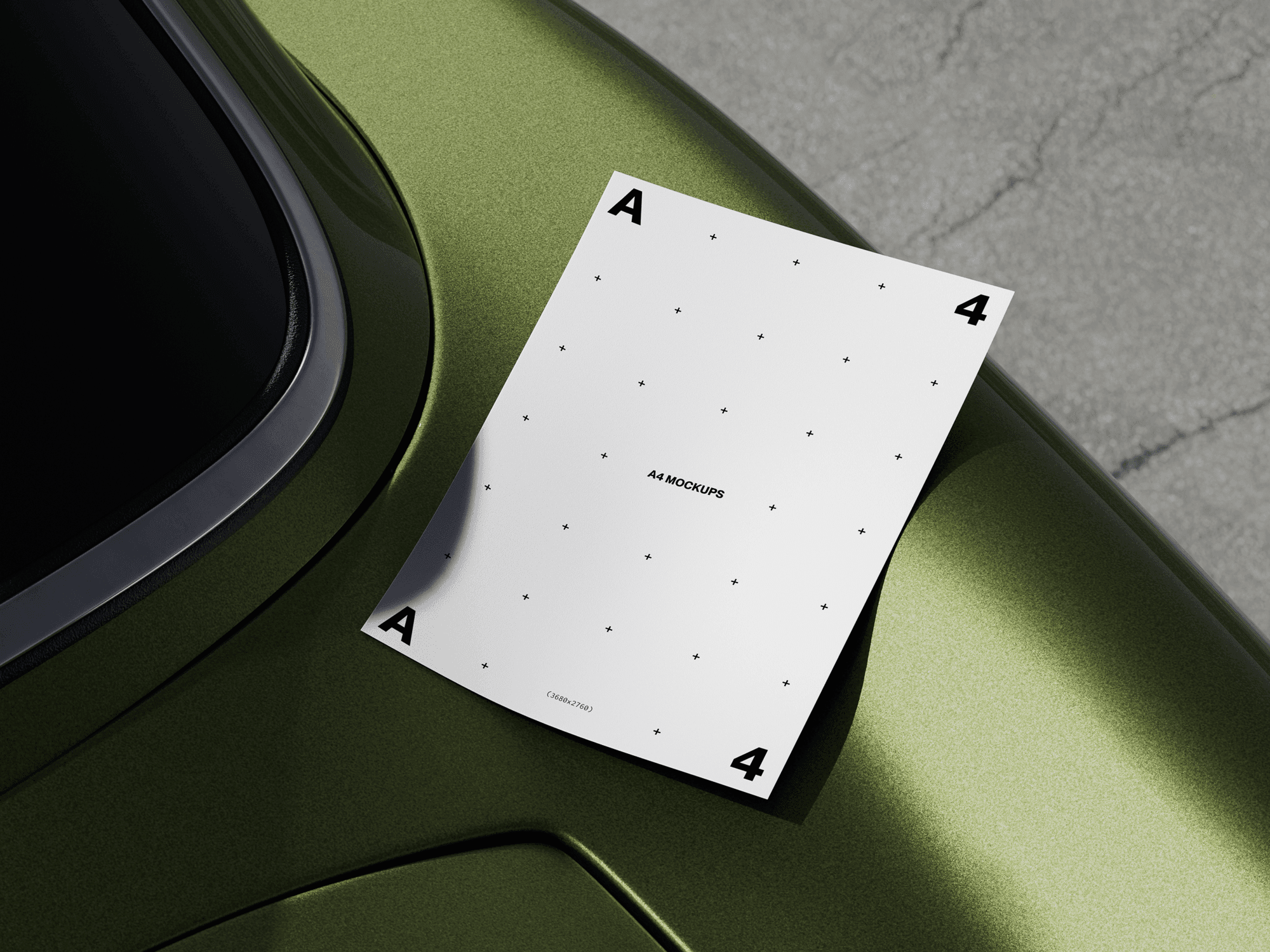 A minimal white A4 paper mockup with alignment markers resting on the curved surface of a vintage green car.