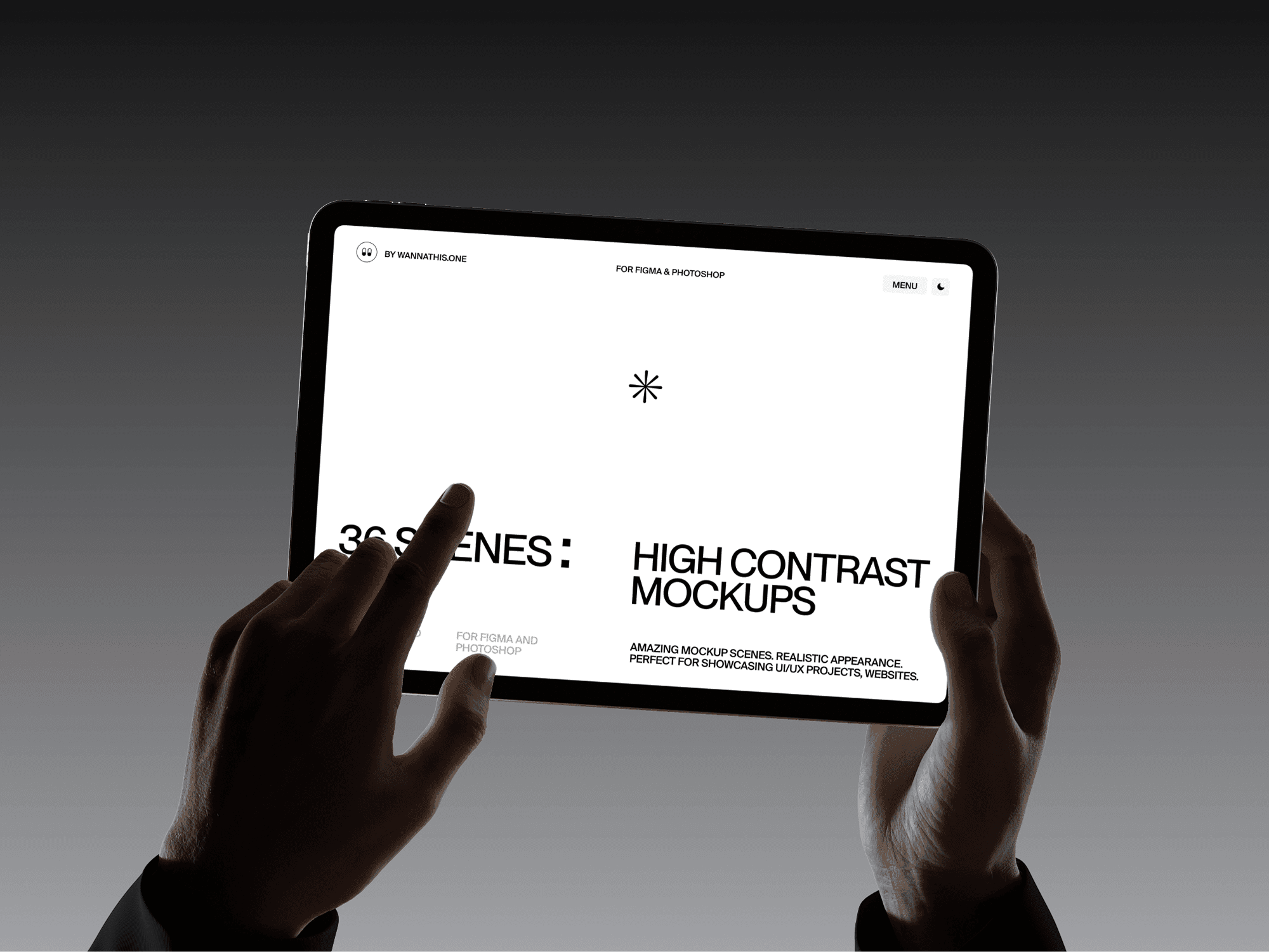 Hand interacting with iPad using a stylus, dark theme background