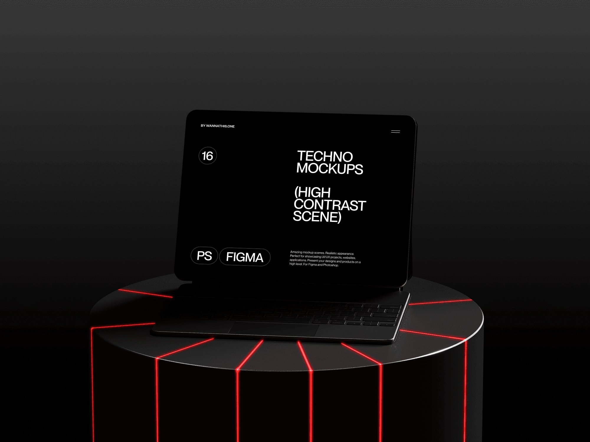 Tablet mockup placed on a circular podium with futuristic red lighting