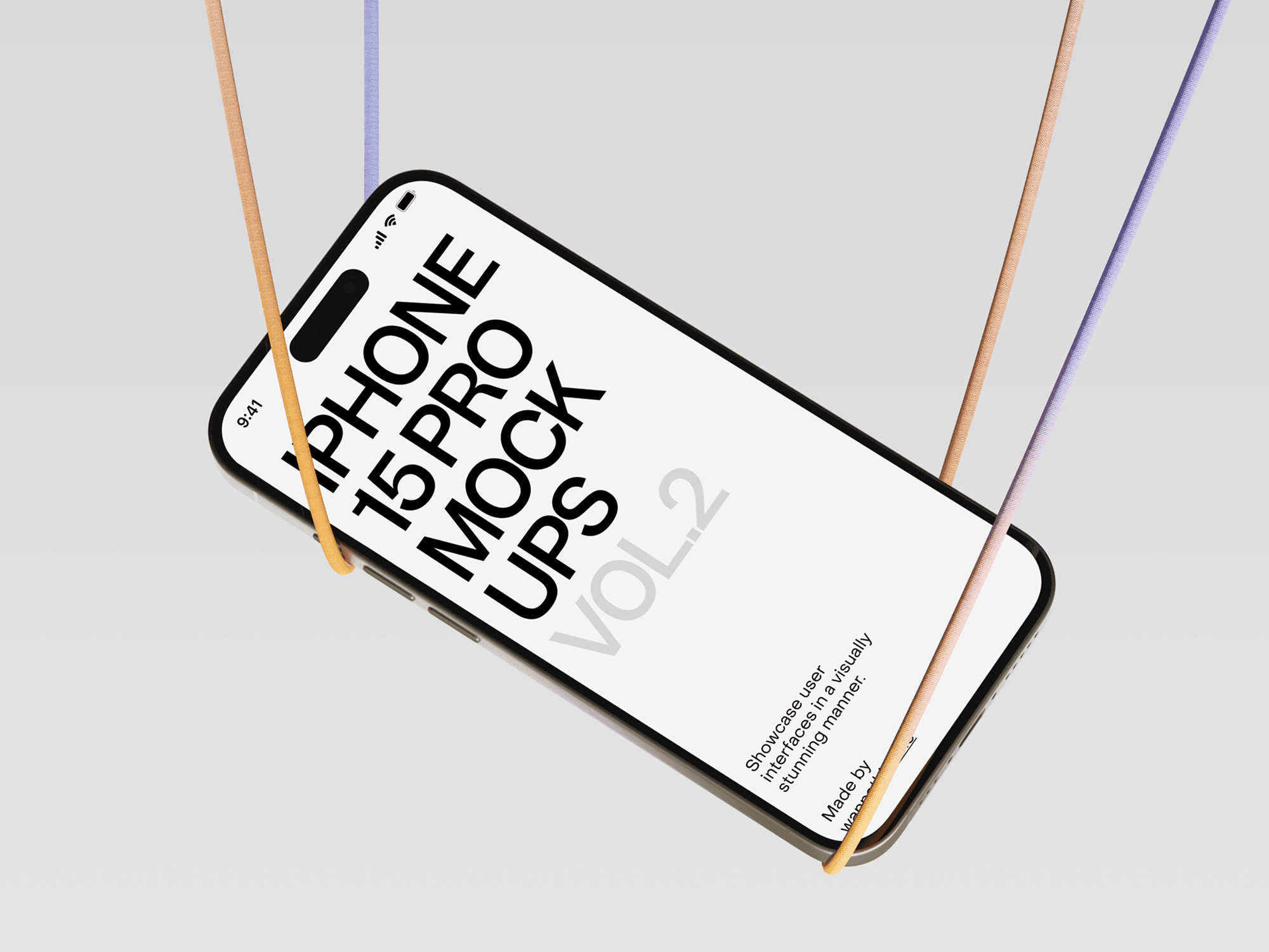 Suspended iPhone 15 Pro mockup with artistic pastel cords