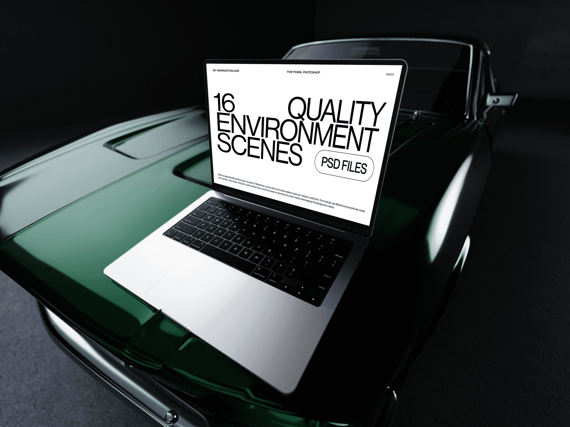 MacBook mockup on a classic green muscle car with black and white UI