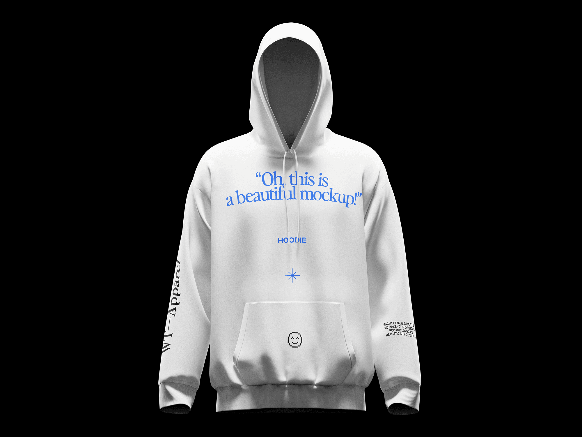 A white hoodie mockup floating against a dark gradient background with subtle lighting.