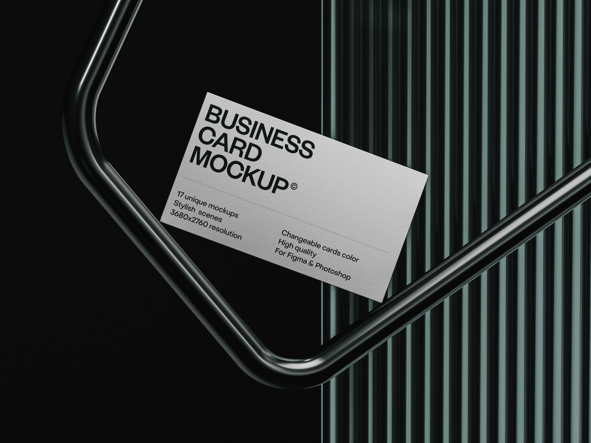 A minimalistic business card mockup resting on a stylish black metal frame.