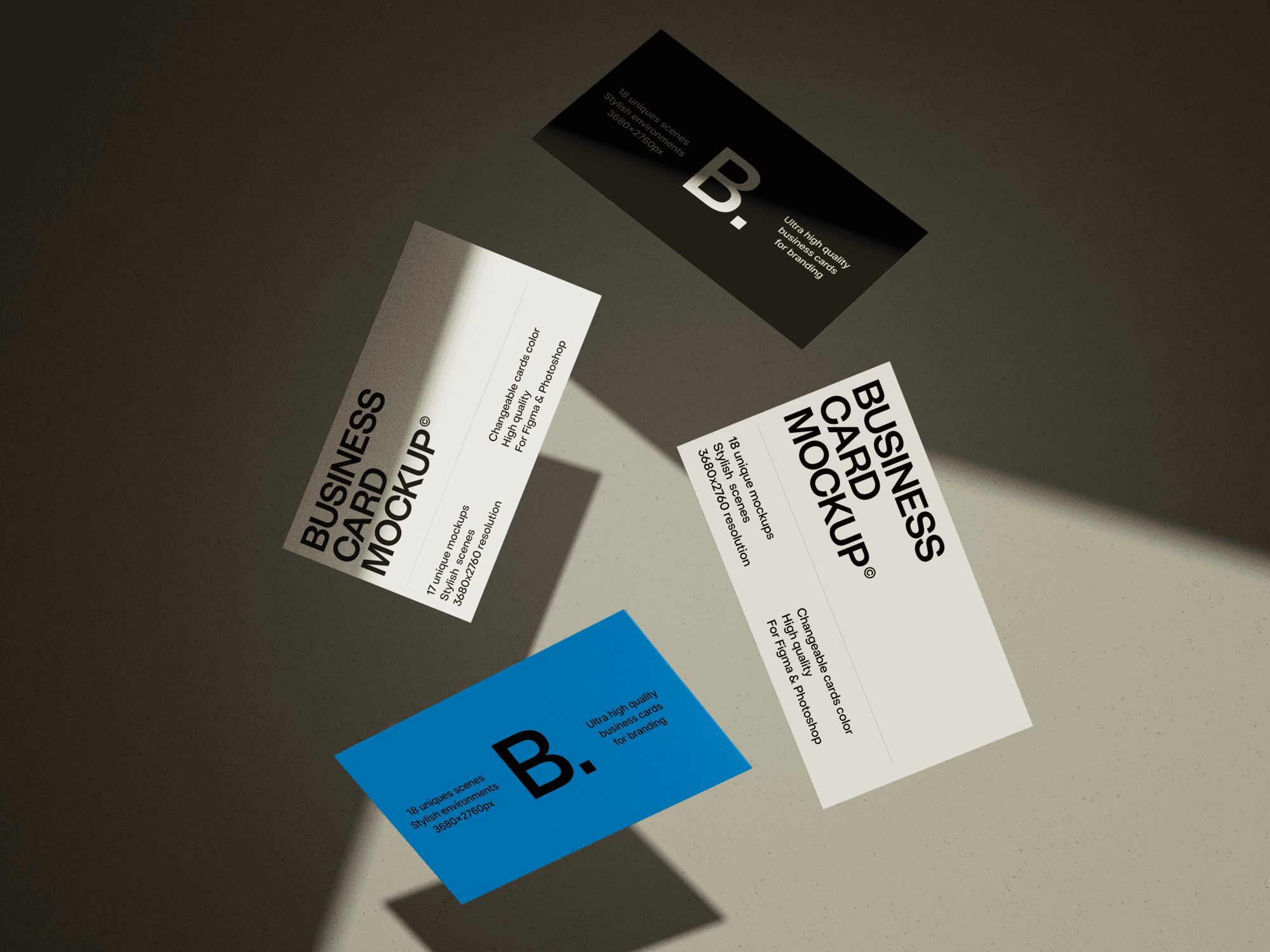 Floating business cards in a shadow-lit scene