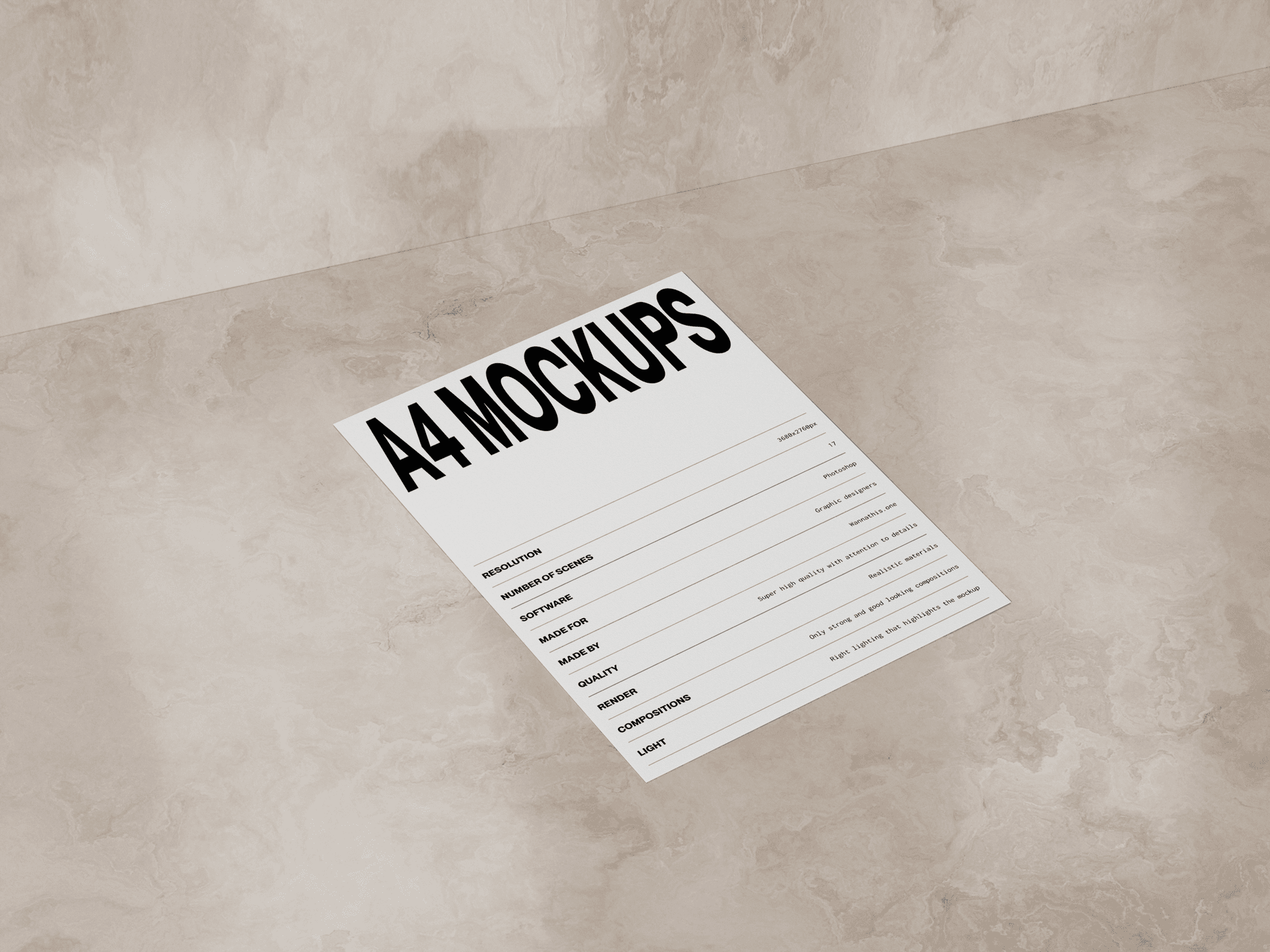 A clean white A4 paper mockup with structured text layout placed on a polished marble surface.