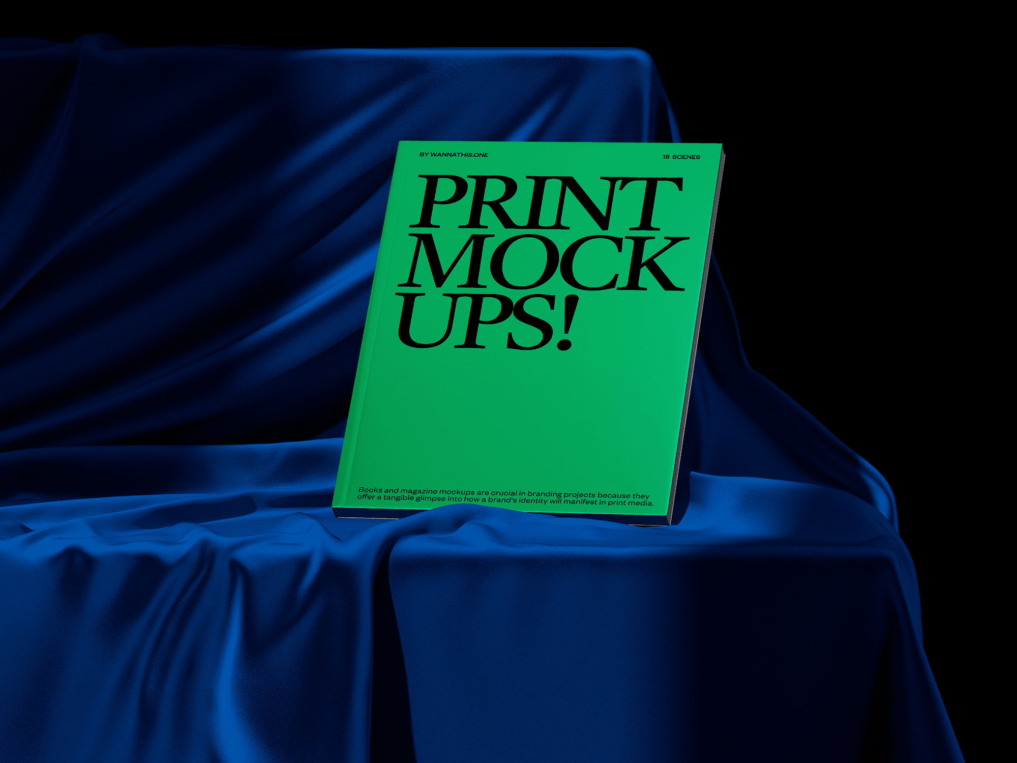 A book mockup with bold typography resting on a deep blue velvet fabric