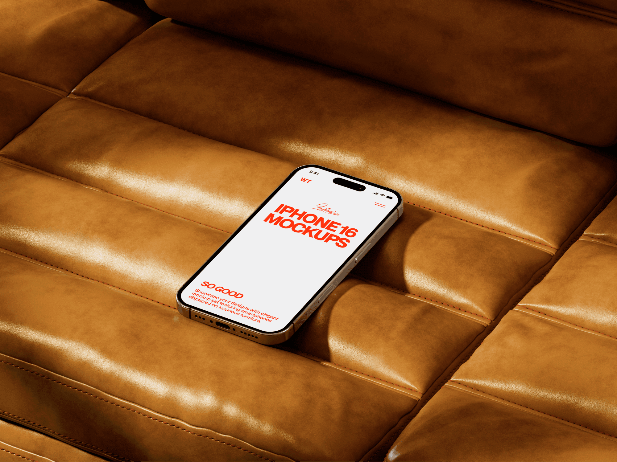 iPhone 16 mockup lying on a brown leather tufted couch.