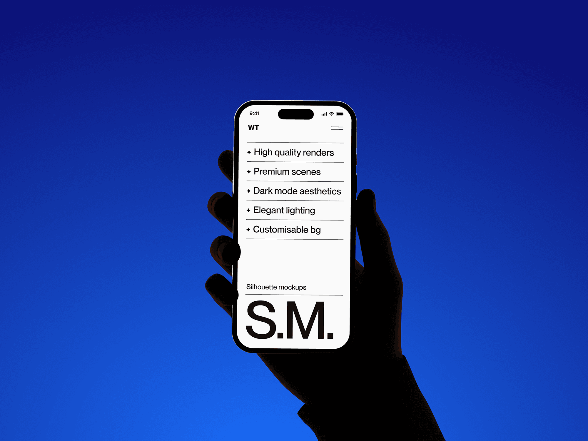 Hand holding a smartphone mockup against a vibrant blue background.