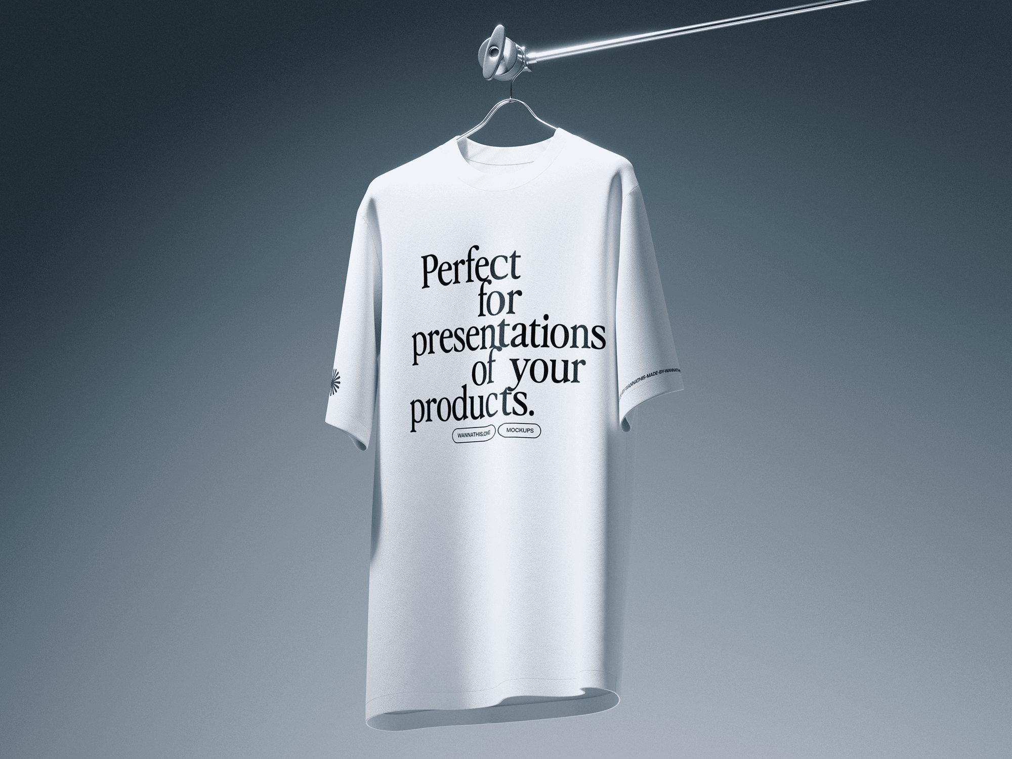 A white t-shirt mockup suspended by a futuristic robotic arm in a minimal setting.