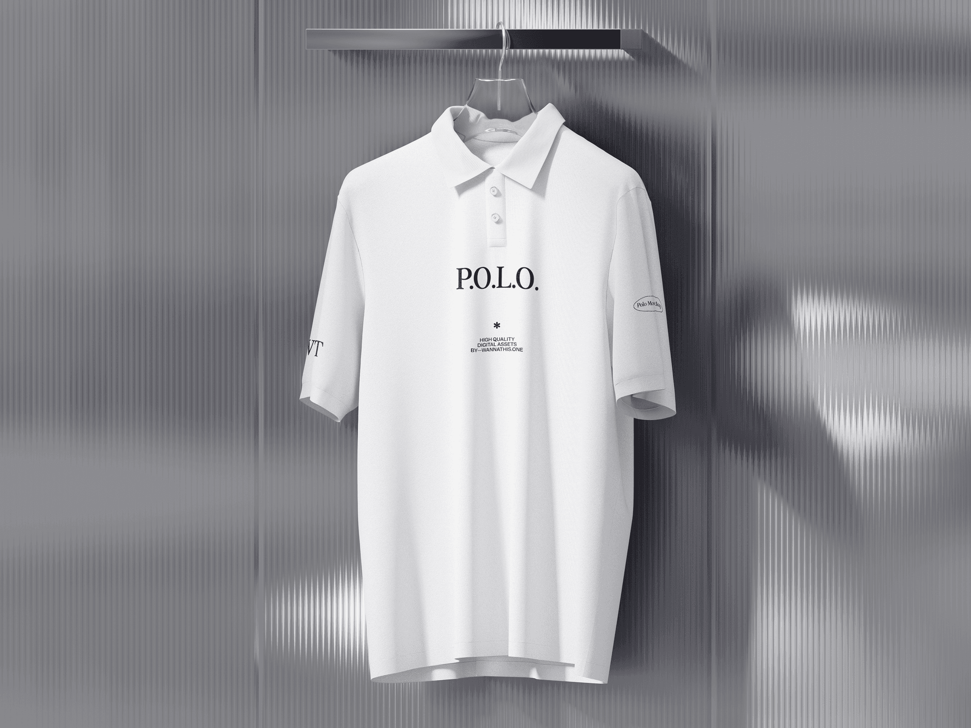 A white polo shirt mockup neatly hung on a metal hanger against a reflective silver background.