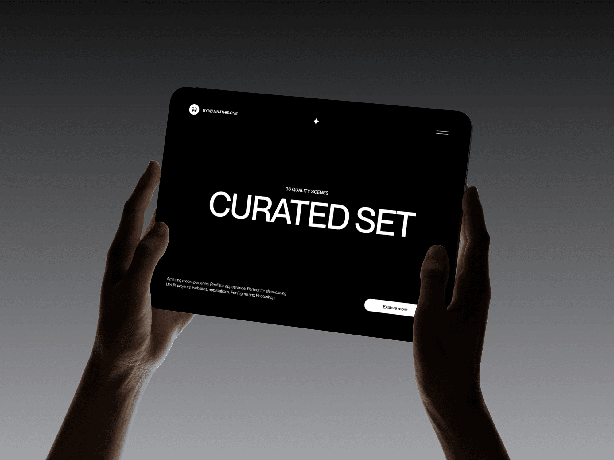 iPad mockup held in hands against a smooth dark gradient studio scene with focused directional light