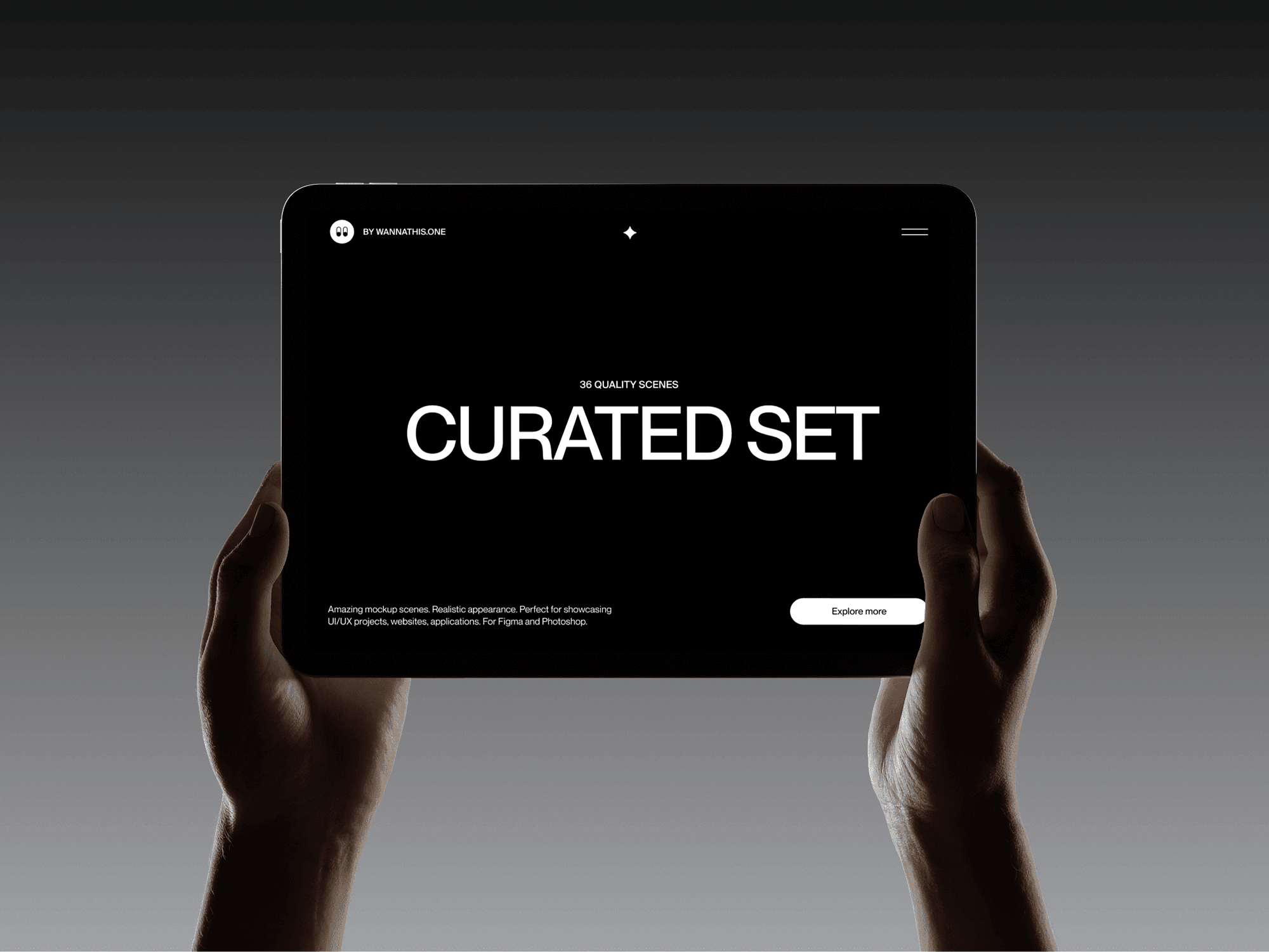 Tablet mockup held in hands with a dark gradient background for a focused presentation look