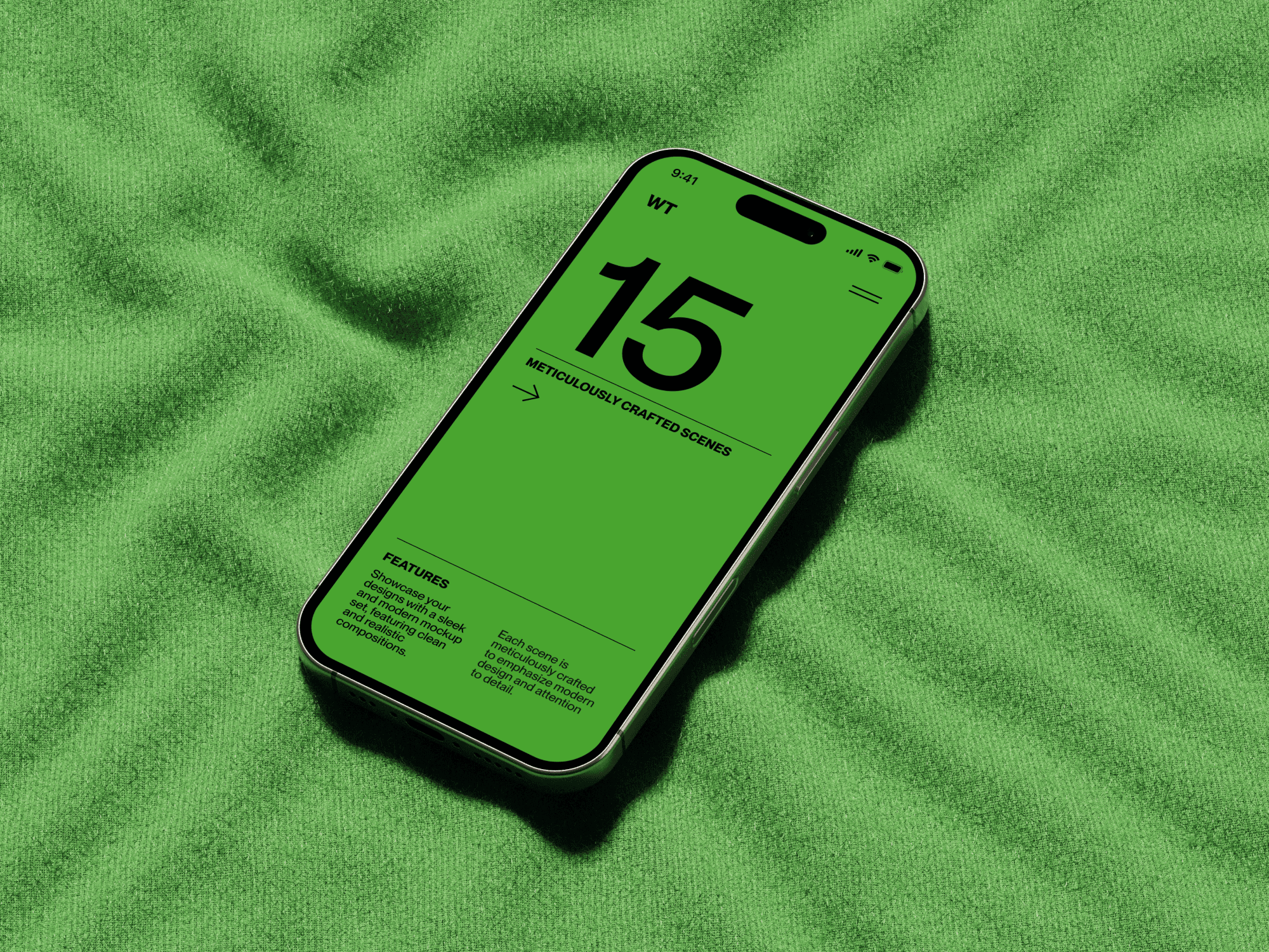 iPhone 16 mockup on a textured green fabric surface.