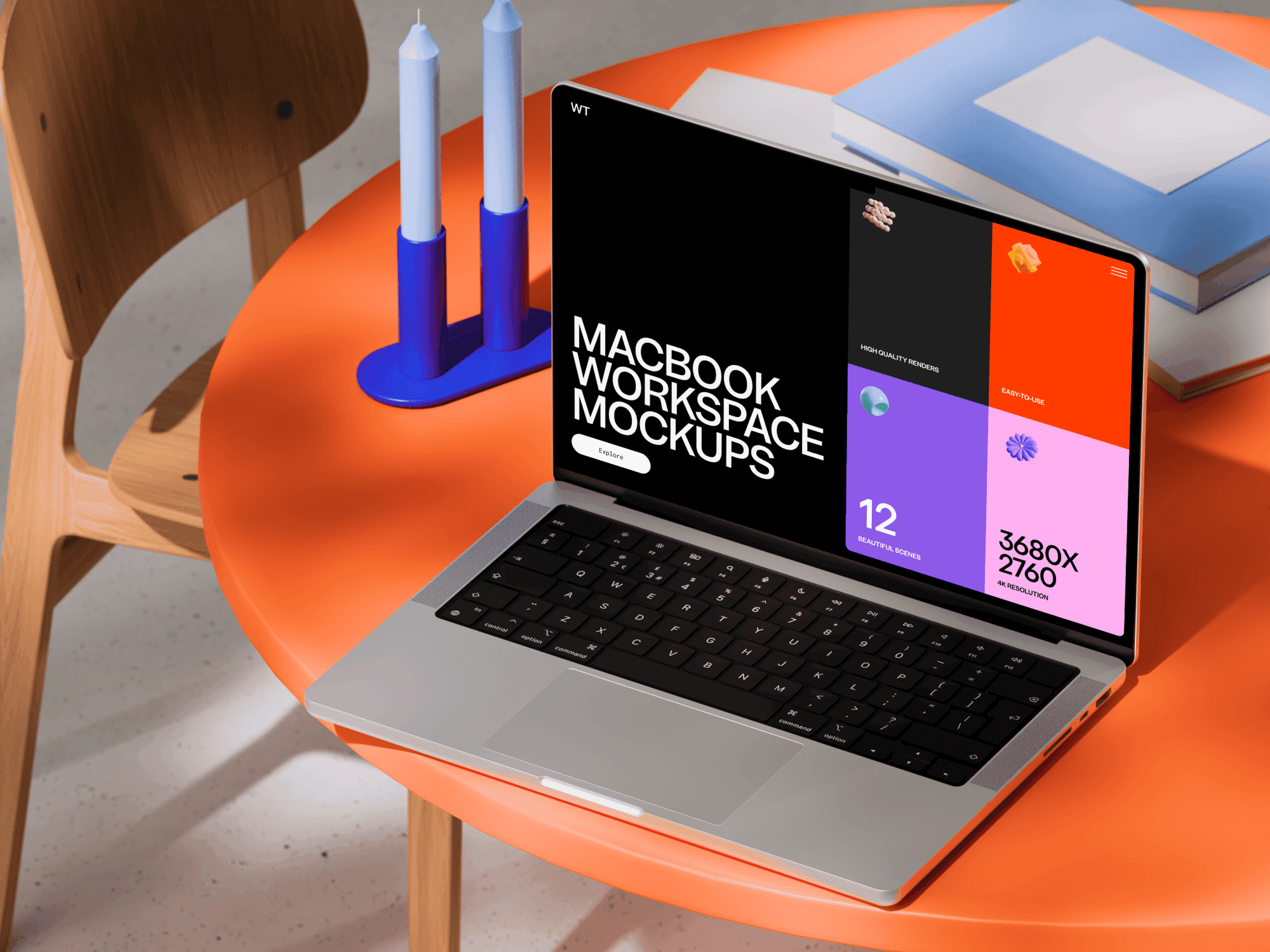 Workspace MacBook Pro mockup on an orange table