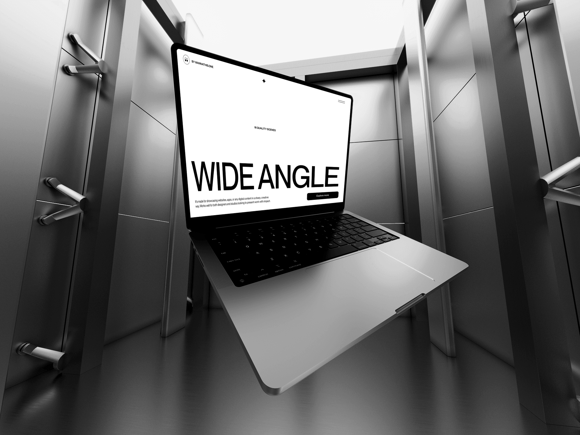MacBook mockup in a black elevator scene with WIDE ANGLE text on screen