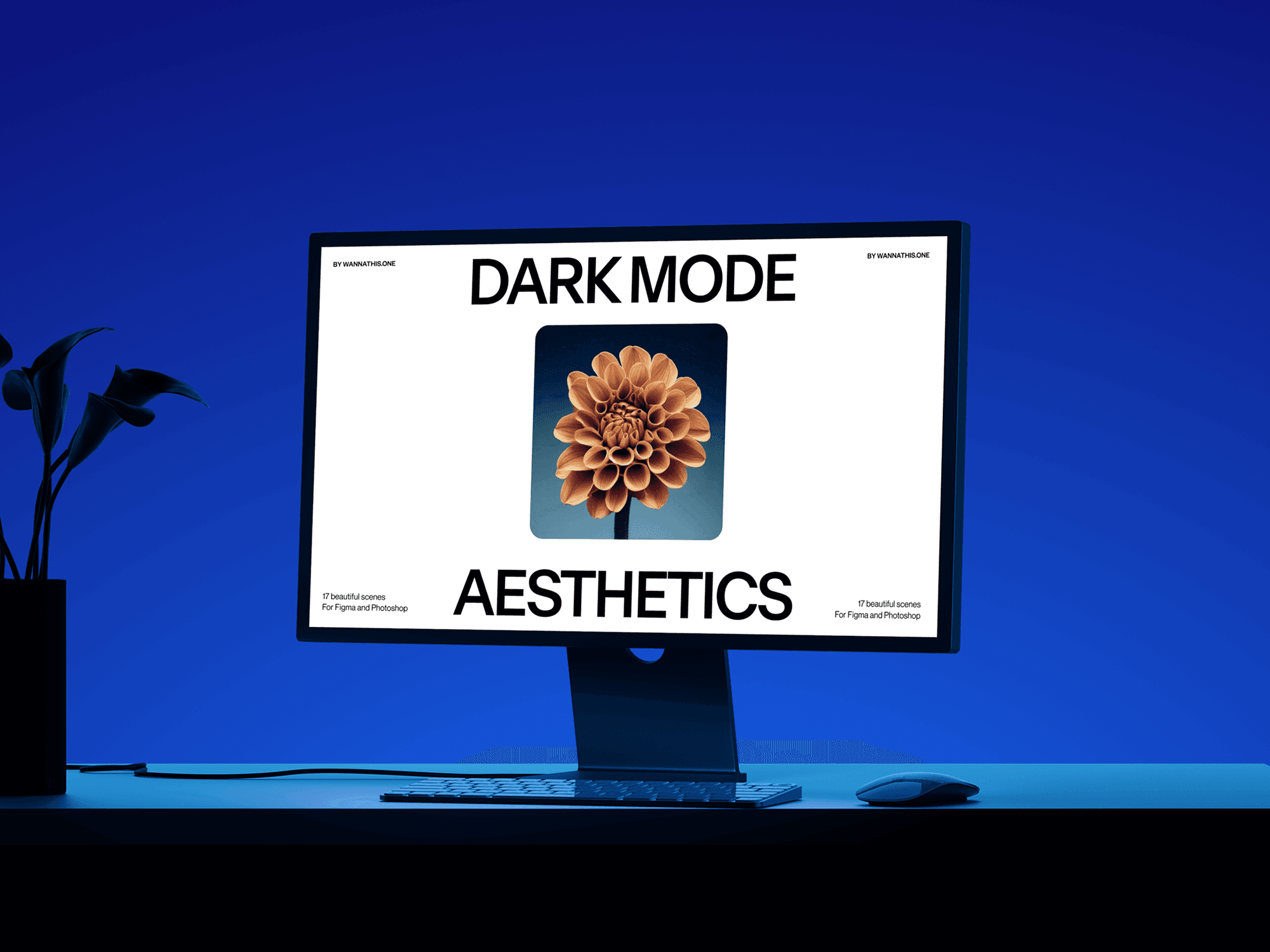 A computer monitor mockup on a blue-lit desk with a sleek modern design.