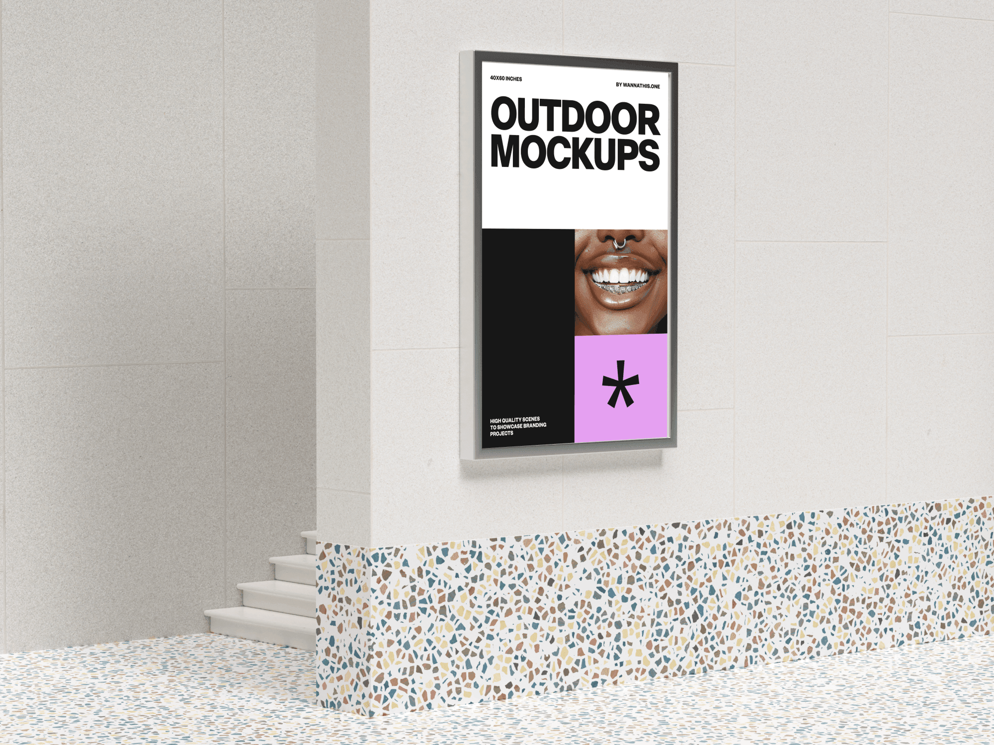 Framed billboard mockup on a tiled urban wall