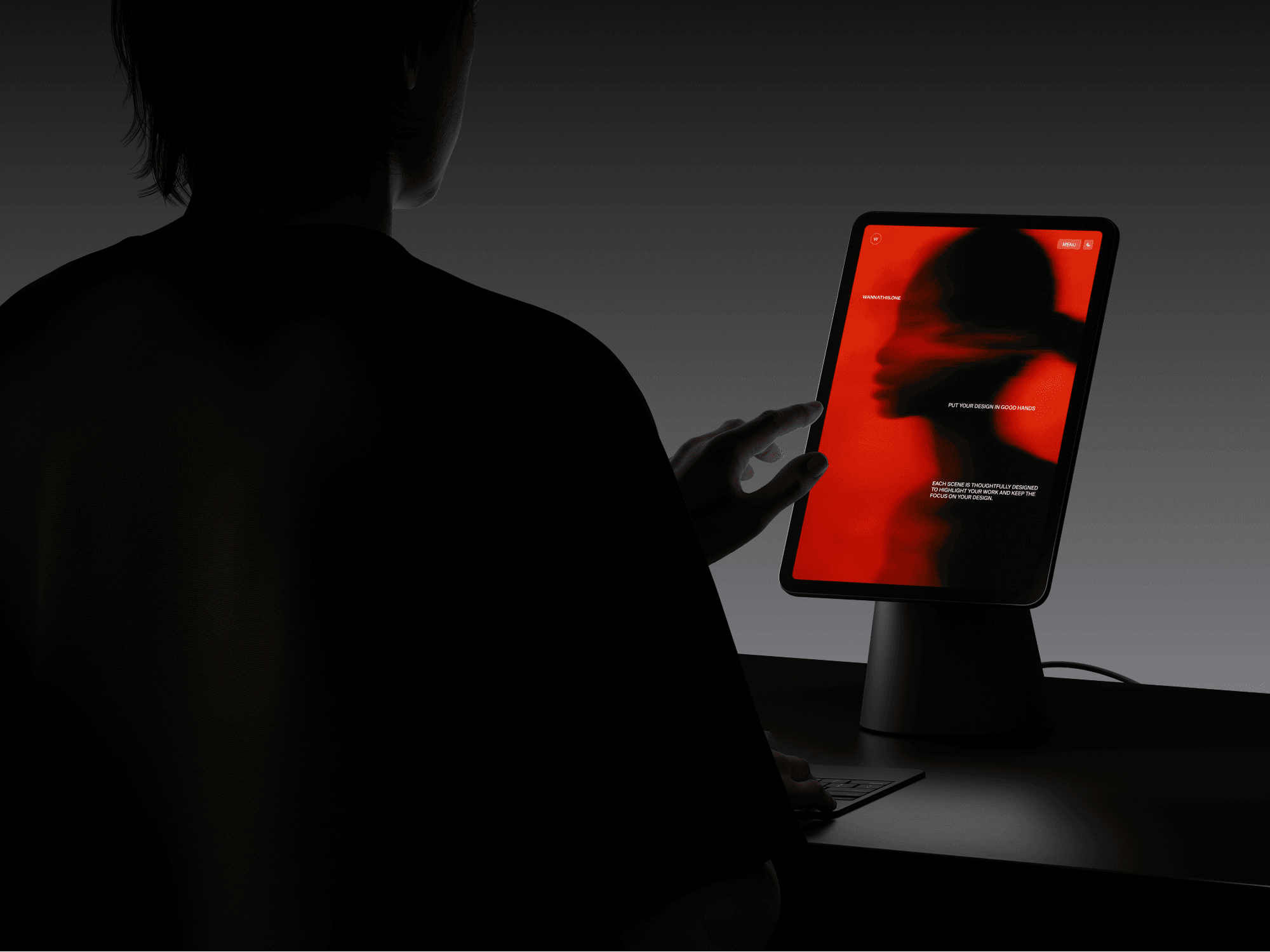 iPad held in hands with a dark minimal background