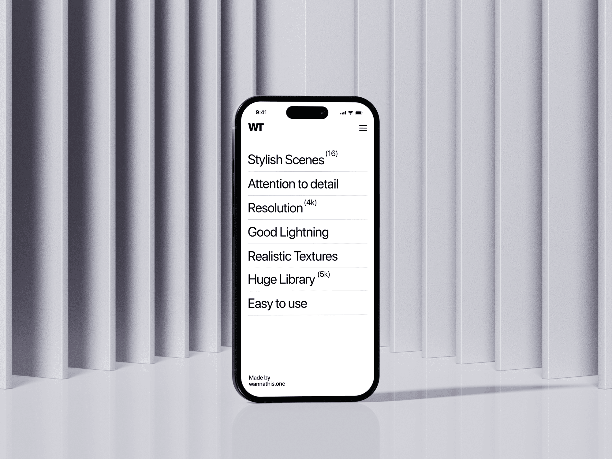iPhone 16 Pro mockup standing upright in front of vertical curtain backdrop