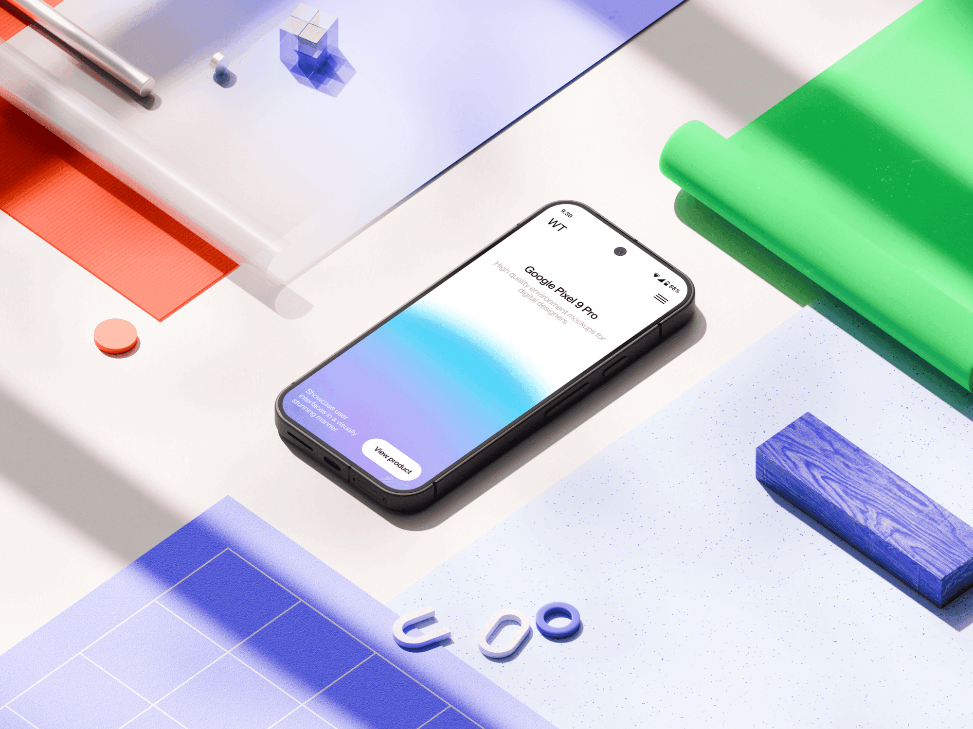 Google Pixel 9 Pro mockup placed on a colorful geometric workspace