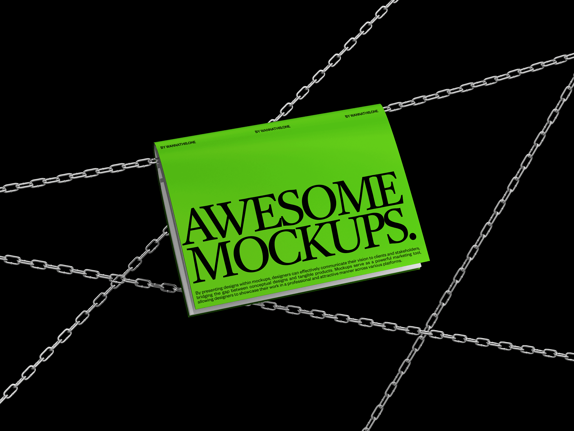 A vibrant green book mockup suspended in mid-air by metallic chains against a black background