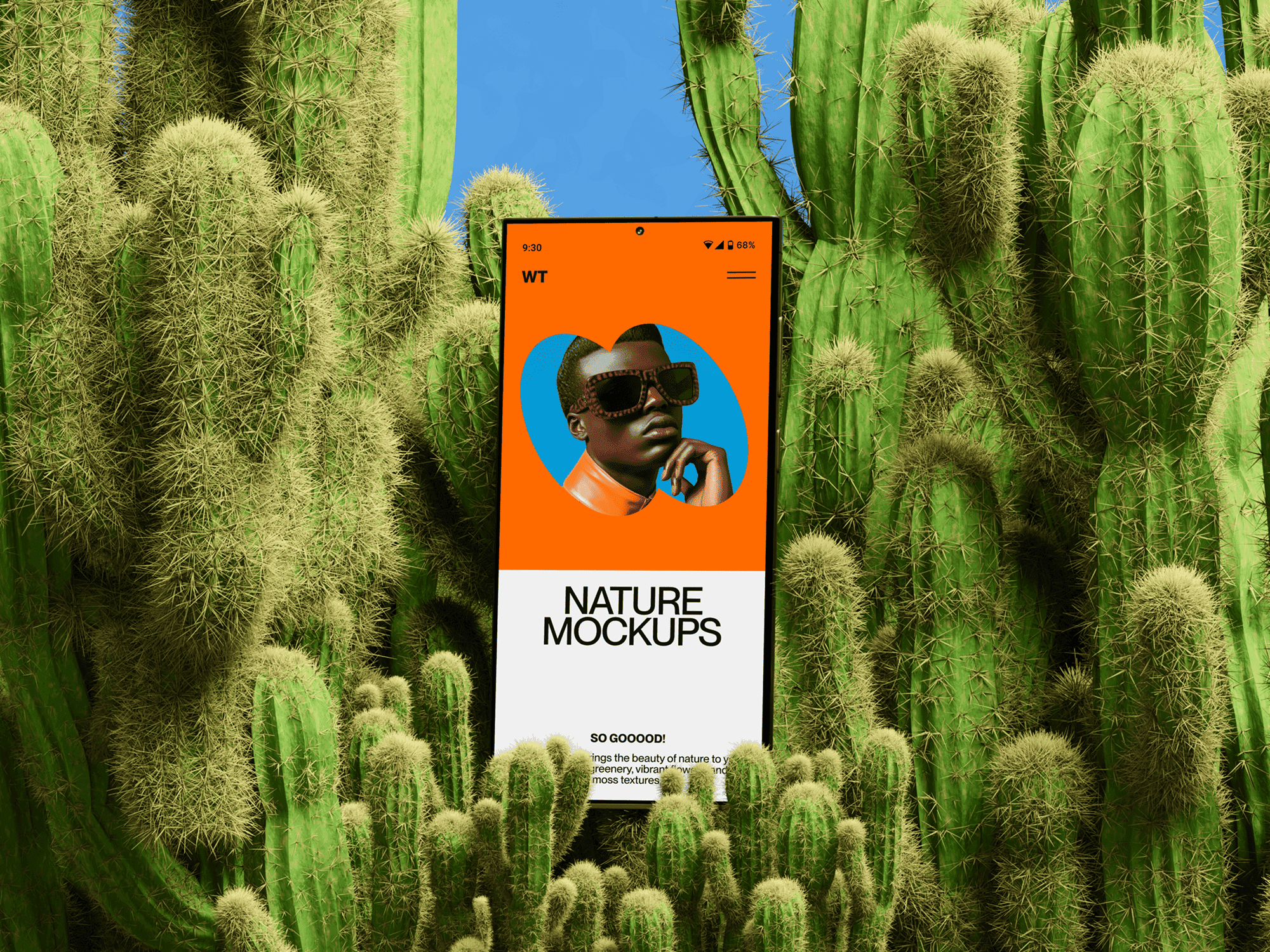 Galaxy S24 mockup among tall green cacti with an orange-themed display.