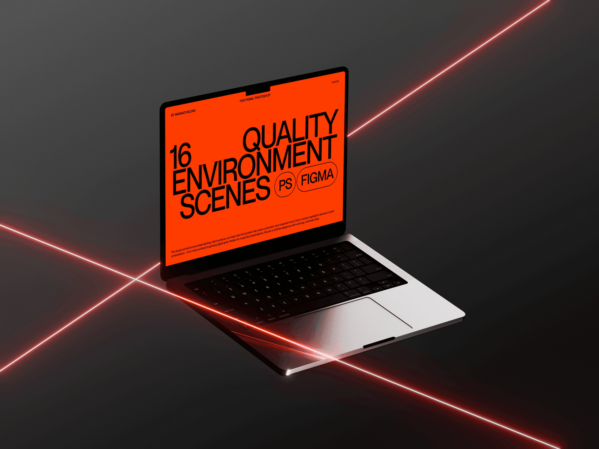 Laptop mockup with red laser grid lighting viewed from front angle