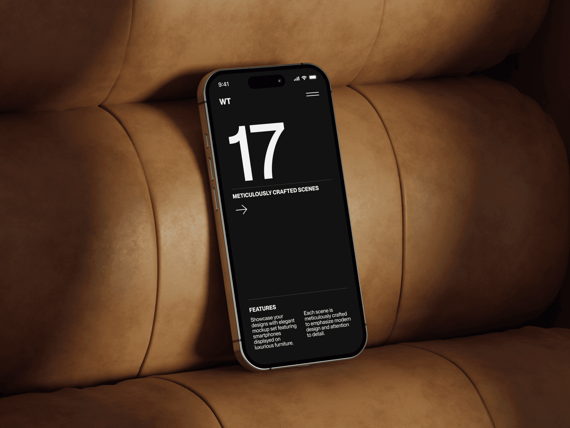 iPhone 16 mockup resting on a brown leather couch.