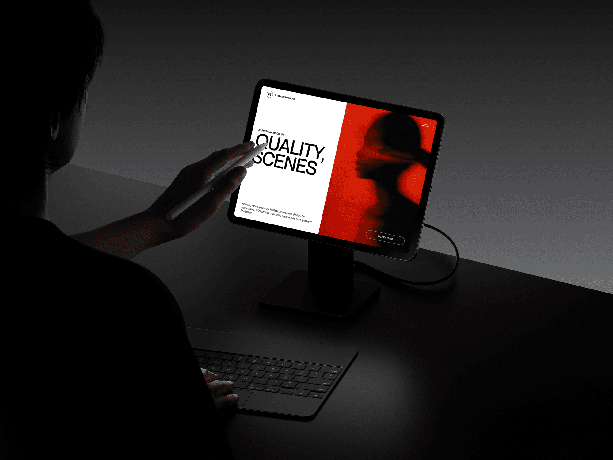 iPad mockup held in hands against a clean dark minimal studio background with directional lighting