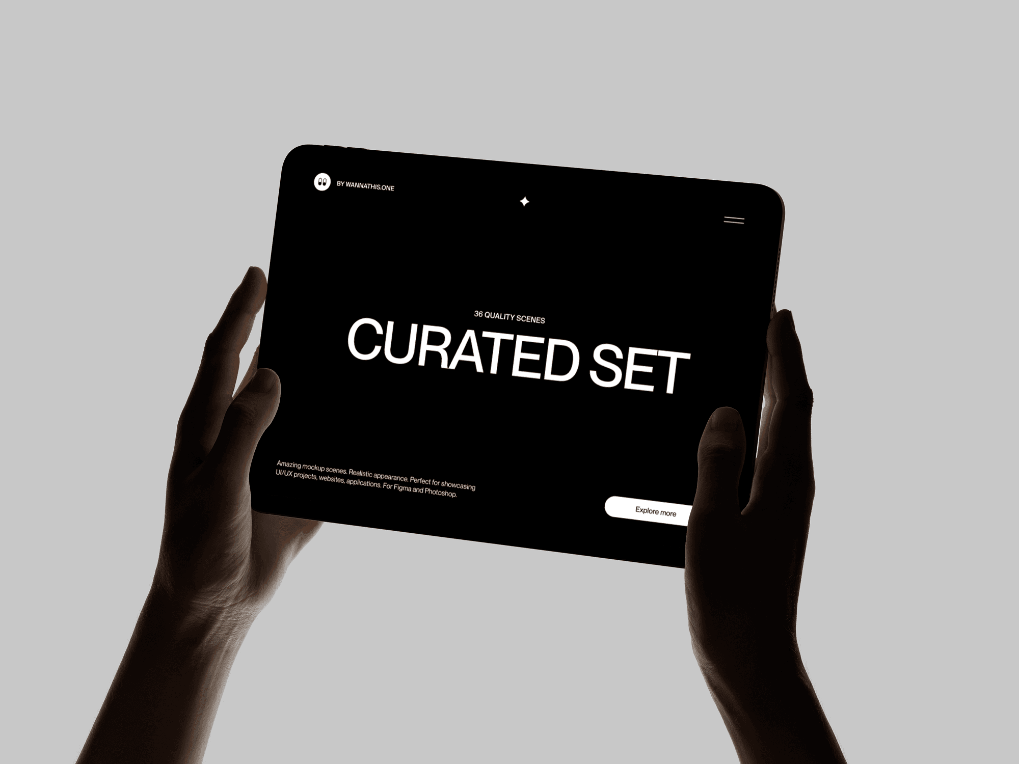 iPad mockup held with both hands against a clean simple light minimal studio background scene