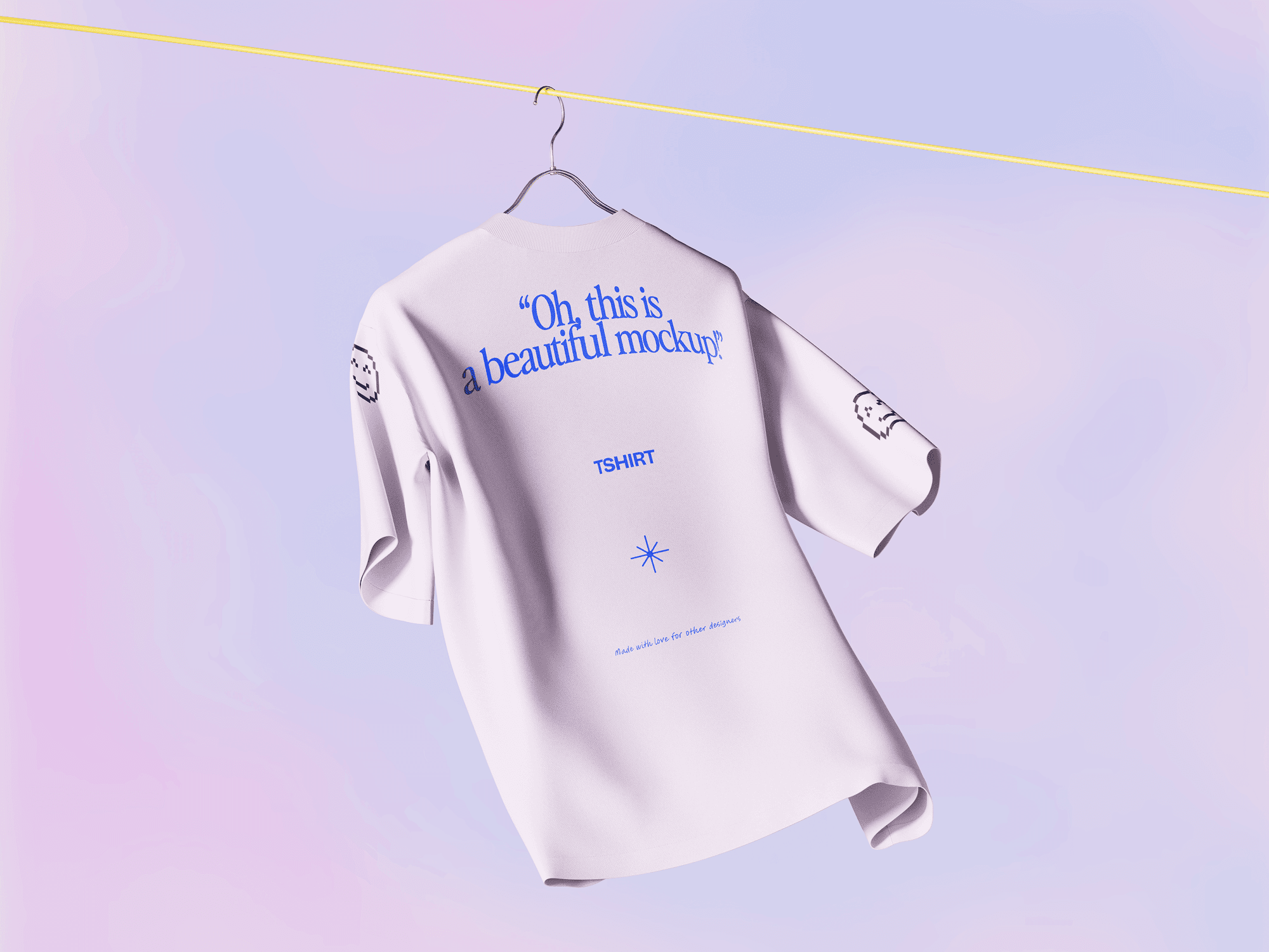 A white t-shirt mockup hanging from a yellow wire against a pastel gradient background.