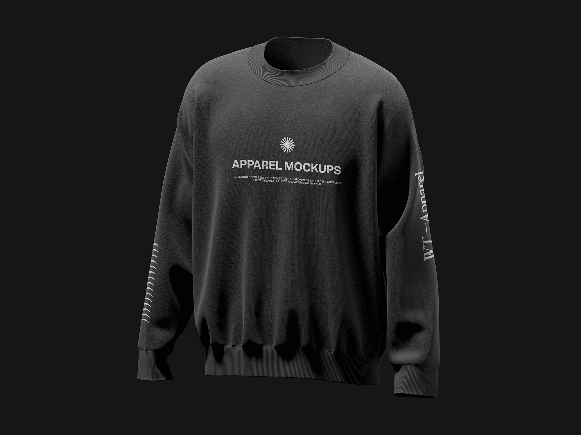 A black sweatshirt mockup displayed against a dark background.